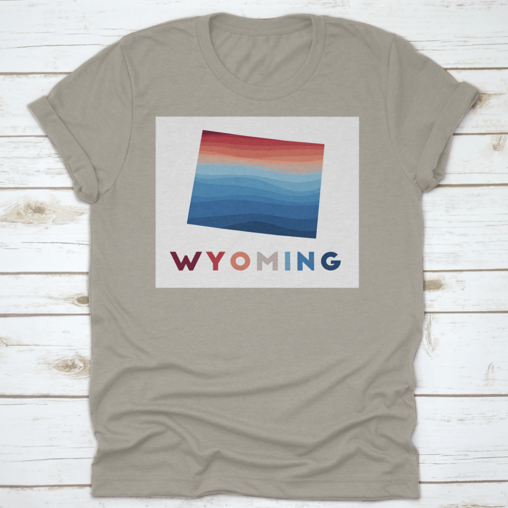 Wyoming Map featuring geometric waves in red and blue, showcasing artistic design and high-quality fabric.