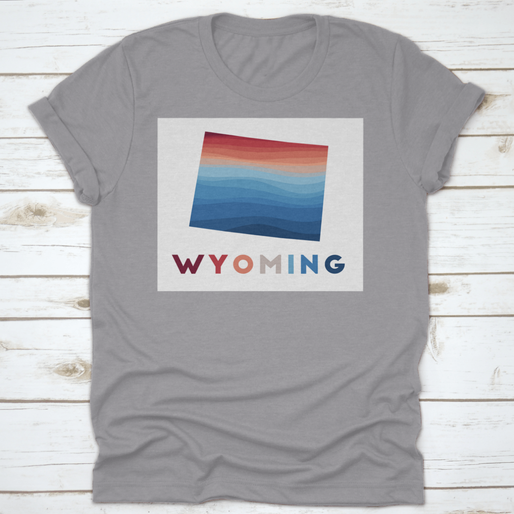 Wyoming Map featuring geometric waves in red and blue, showcasing artistic design and high-quality fabric.