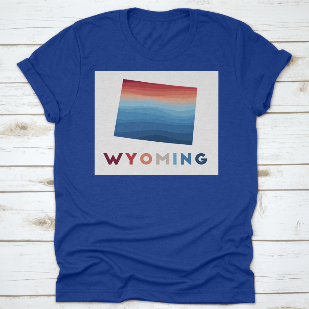 Wyoming Map featuring geometric waves in red and blue, showcasing artistic design and high-quality fabric.