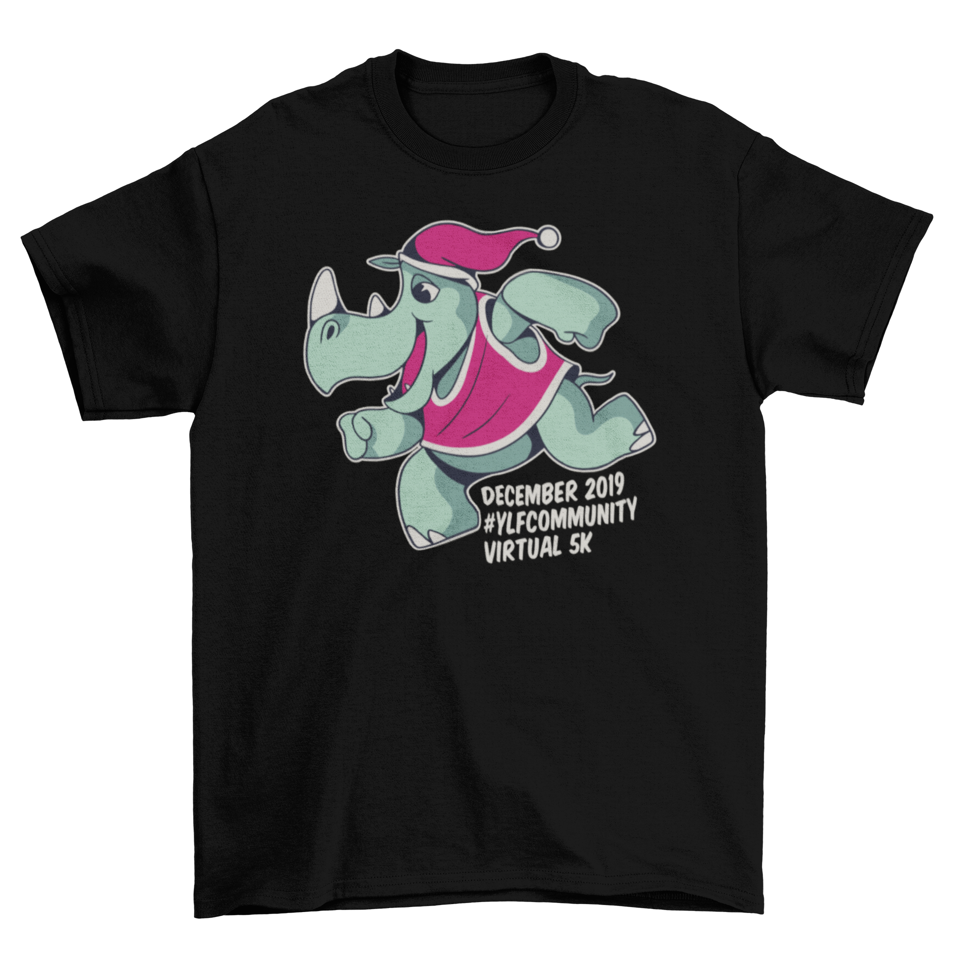 Xmas rhino t-shirt featuring a rhino in a Santa hat with festive colors and a fun caption.