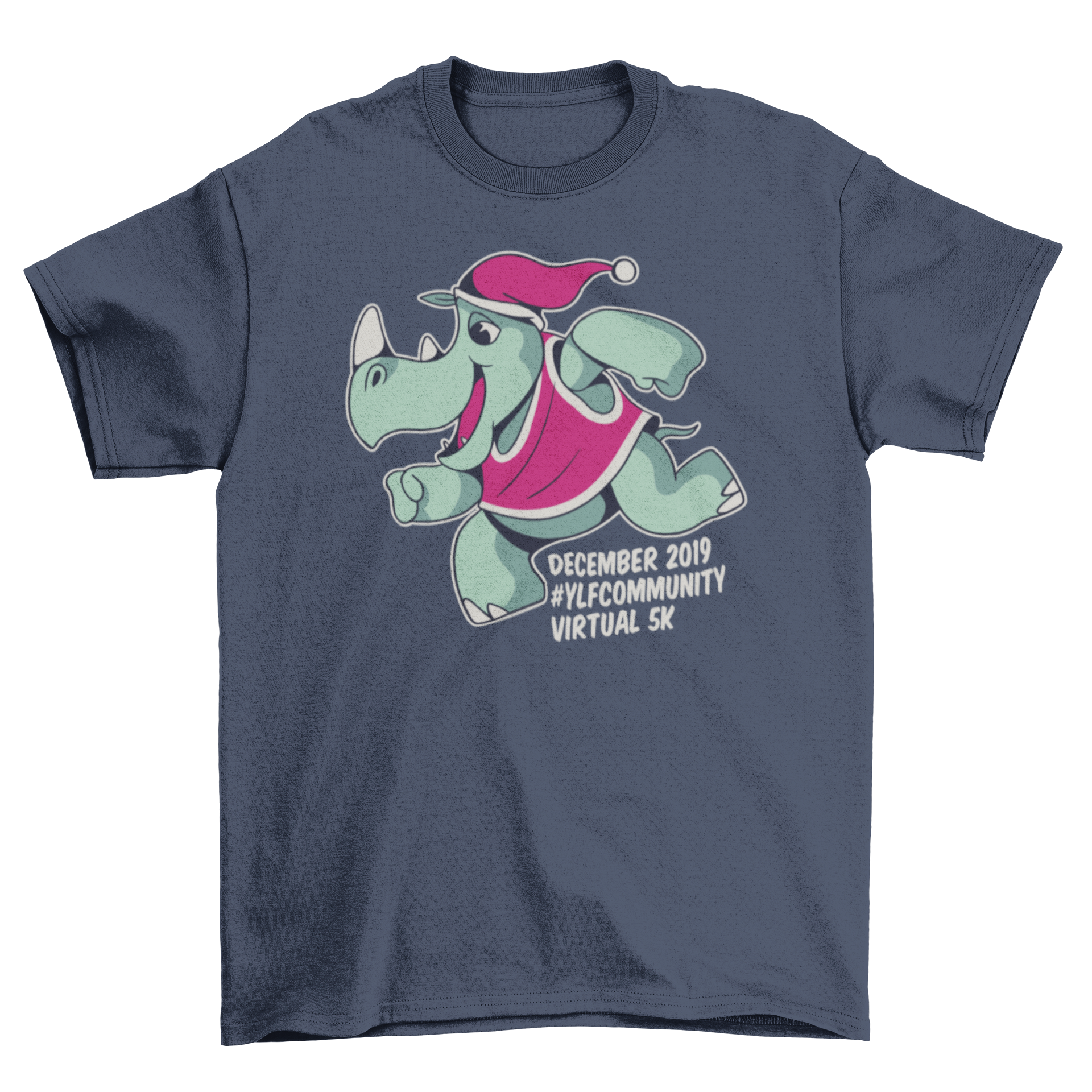 Xmas rhino t-shirt featuring a rhino in a Santa hat with festive colors and a fun caption.