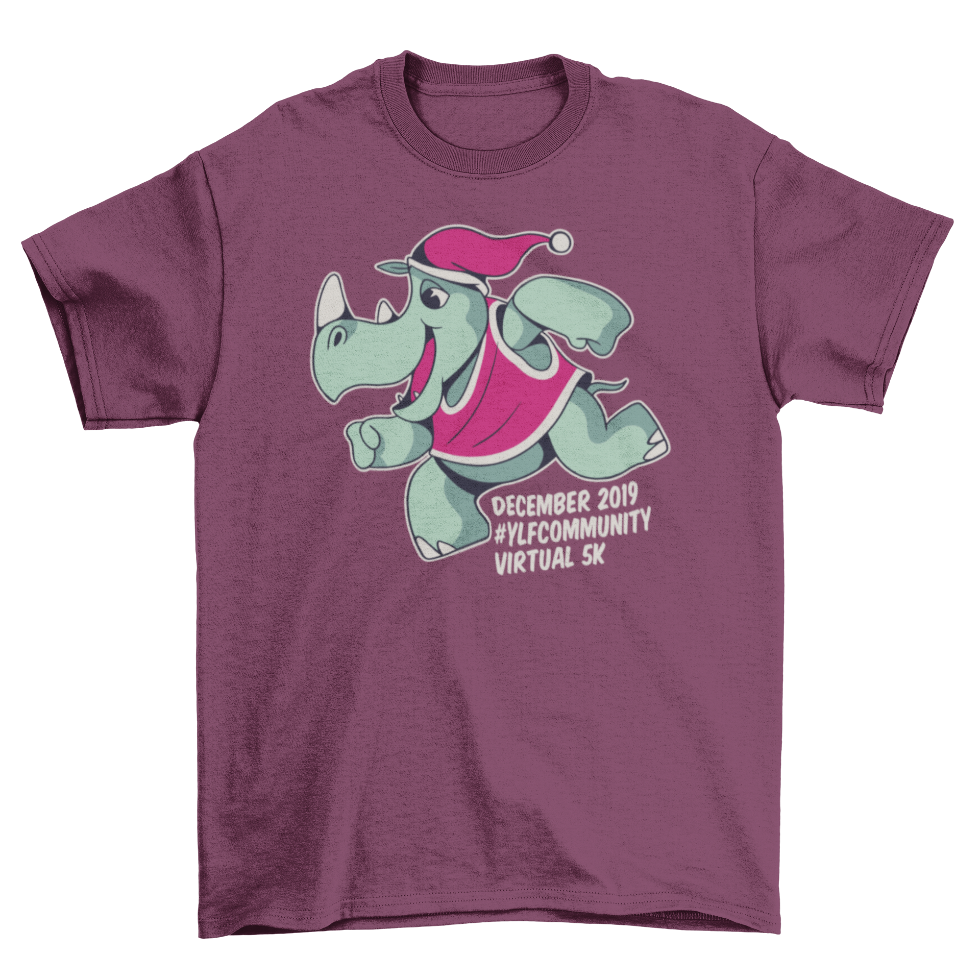 Xmas rhino t-shirt featuring a rhino in a Santa hat with festive colors and a fun caption.