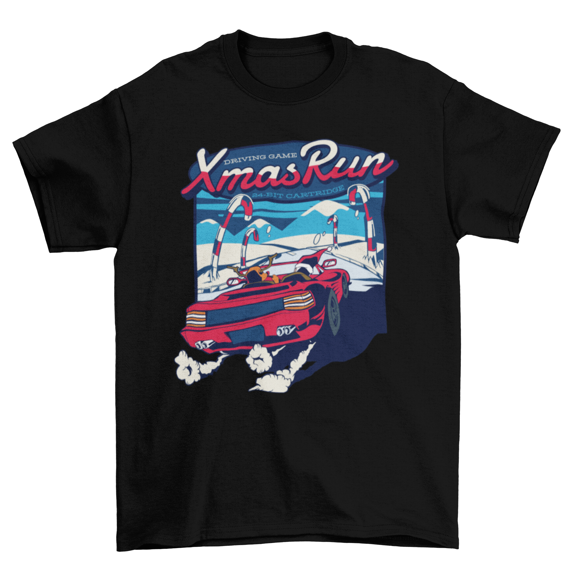 Xmas run t-shirt featuring Santa and a reindeer in a red car, perfect for holiday celebrations.