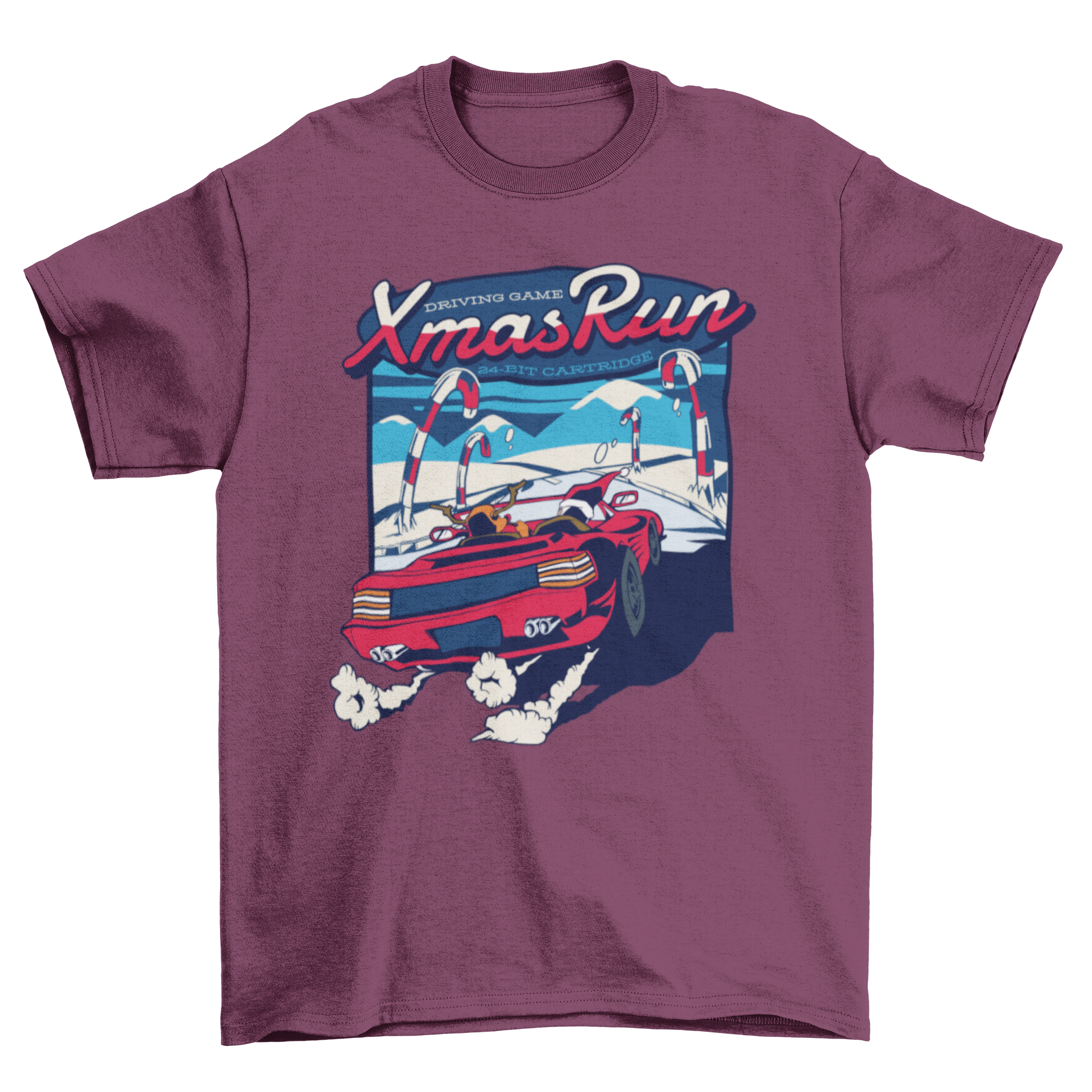 Xmas run t-shirt featuring Santa and a reindeer in a red car, perfect for holiday celebrations.