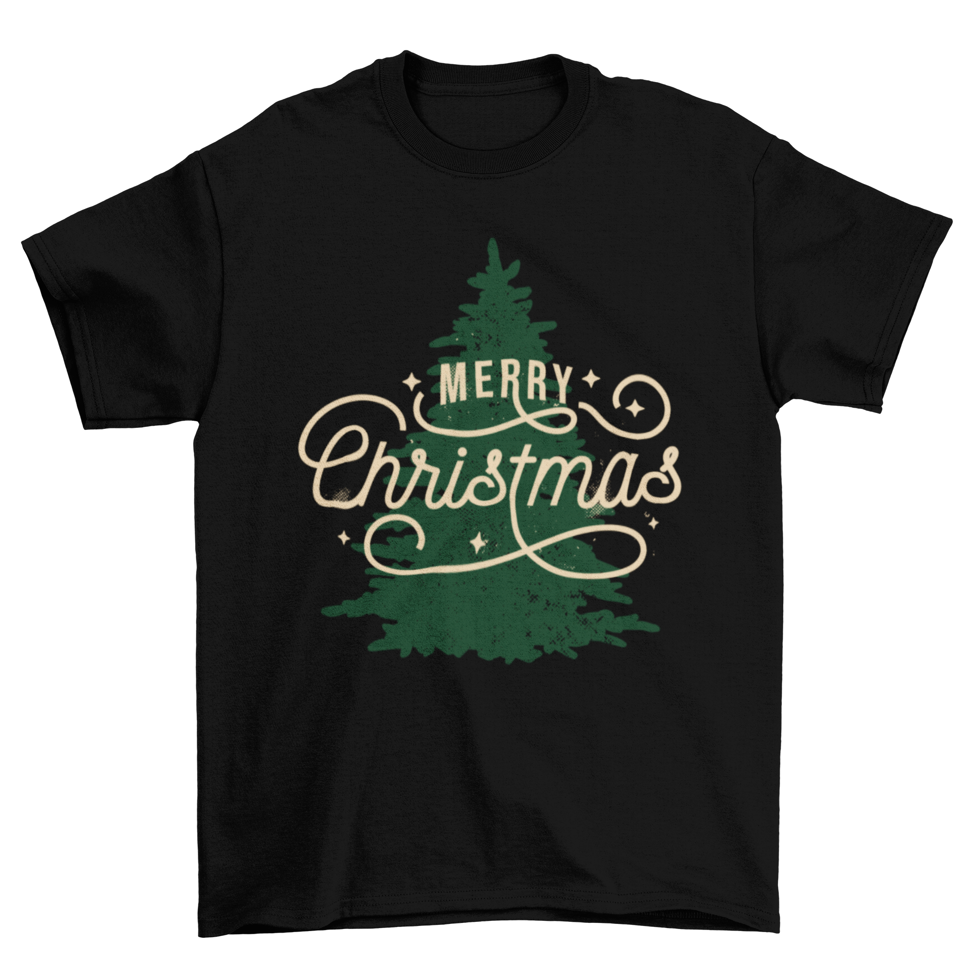 A festive t-shirt featuring 'Merry Christmas' lettering above a beautifully designed Christmas tree.