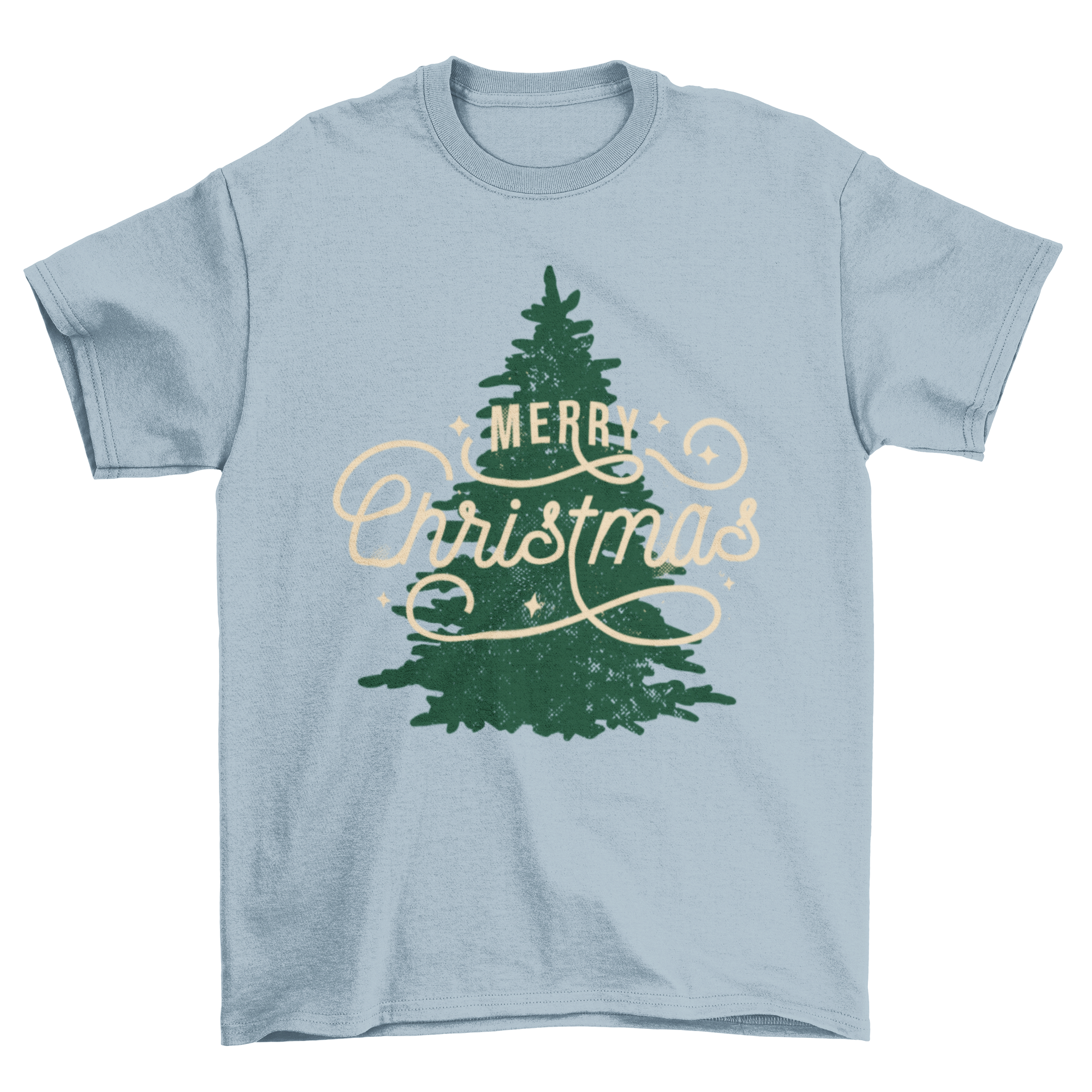 A festive t-shirt featuring 'Merry Christmas' lettering above a beautifully designed Christmas tree.