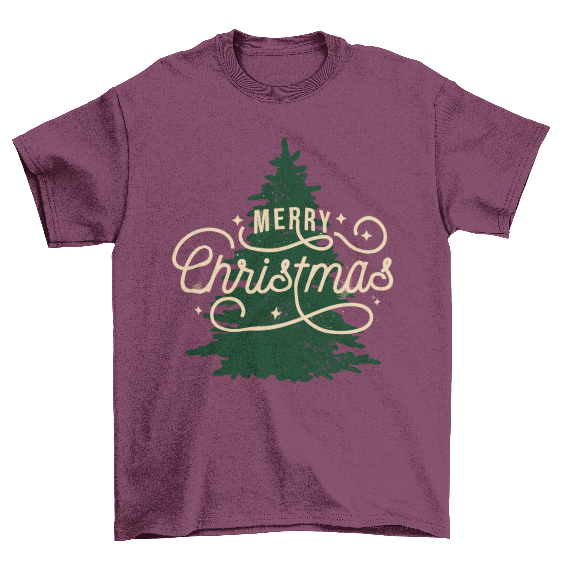 A festive t-shirt featuring 'Merry Christmas' lettering above a beautifully designed Christmas tree.