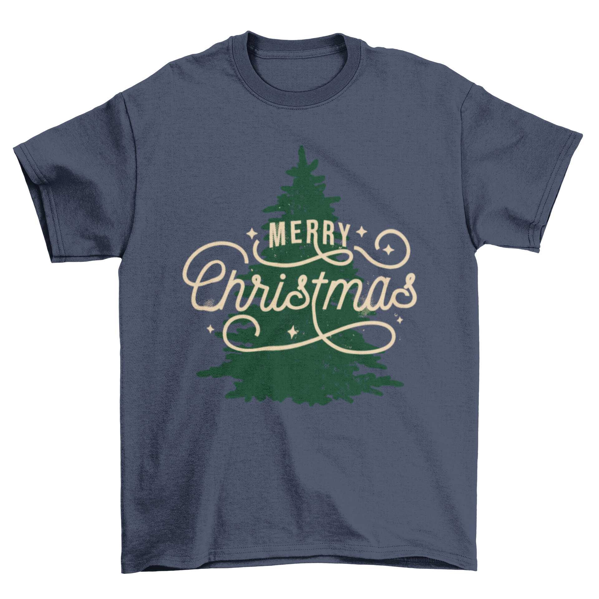 A festive t-shirt featuring 'Merry Christmas' lettering above a beautifully designed Christmas tree.