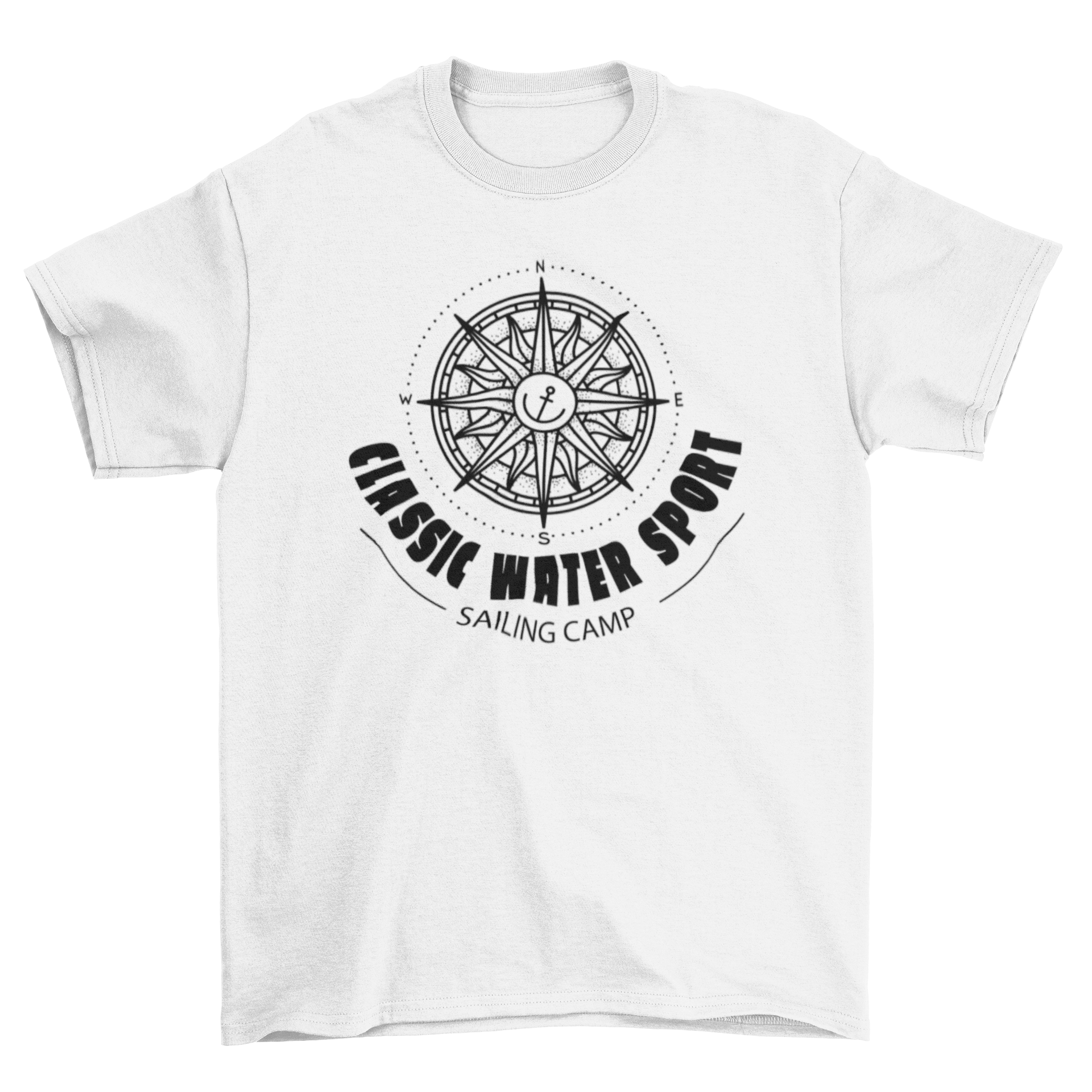 Yacht compass t-shirt design featuring a compass and anchor with the quote 'Classic water sport sailing camp'.