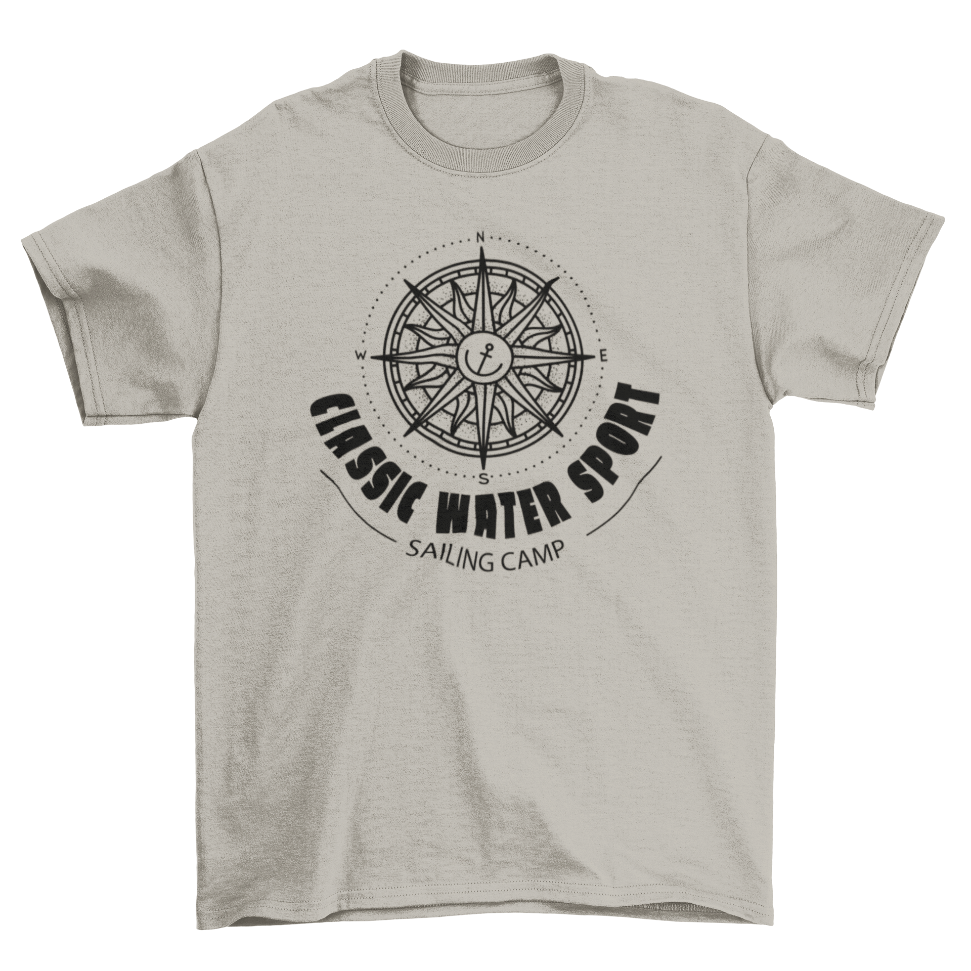 Yacht compass t-shirt design featuring a compass and anchor with the quote 'Classic water sport sailing camp'.