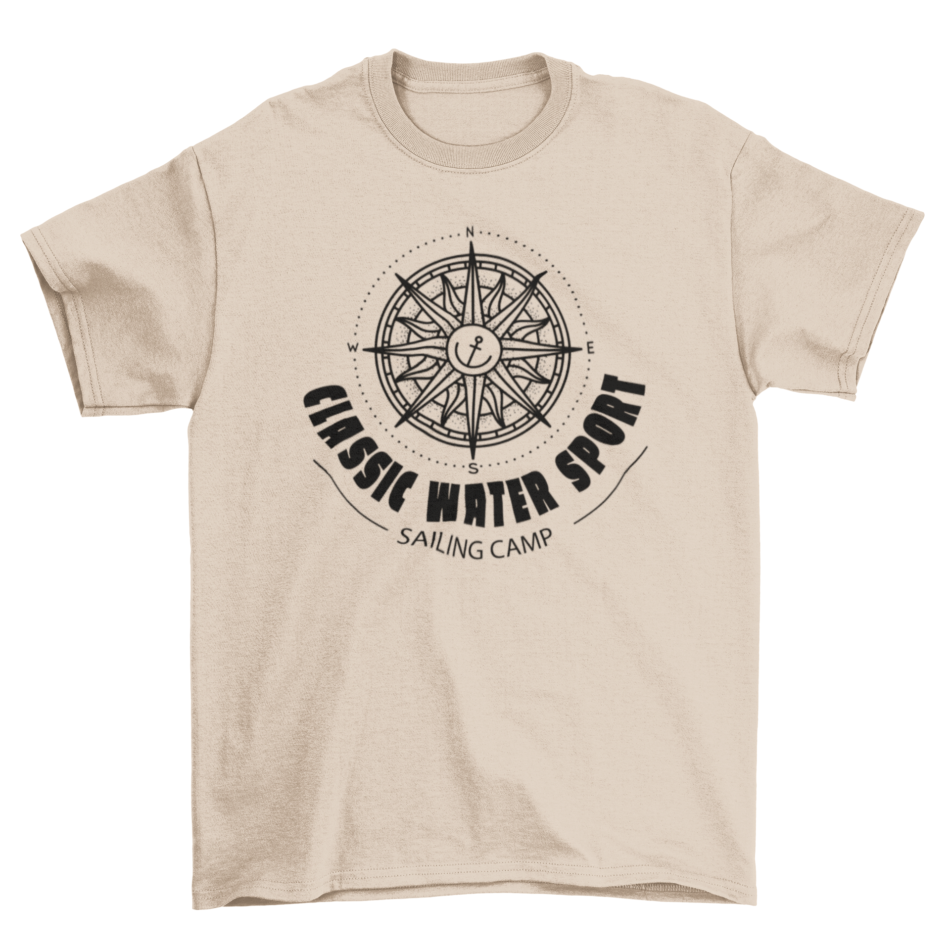 Yacht compass t-shirt design featuring a compass and anchor with the quote 'Classic water sport sailing camp'.