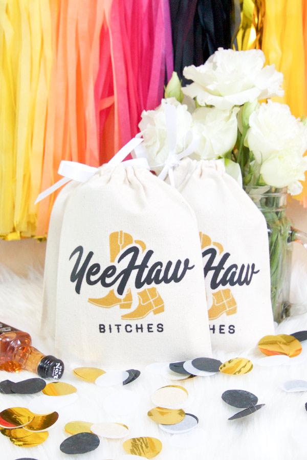 Yee Haw Bitches! Hangover Kit Bag featuring gold glittery boots design, perfect for bachelorette parties and party favors.