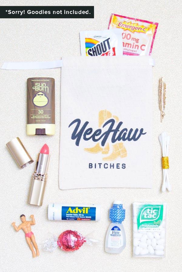 Yee Haw Bitches! Hangover Kit Bag featuring gold glittery boots design, perfect for bachelorette parties and party favors.