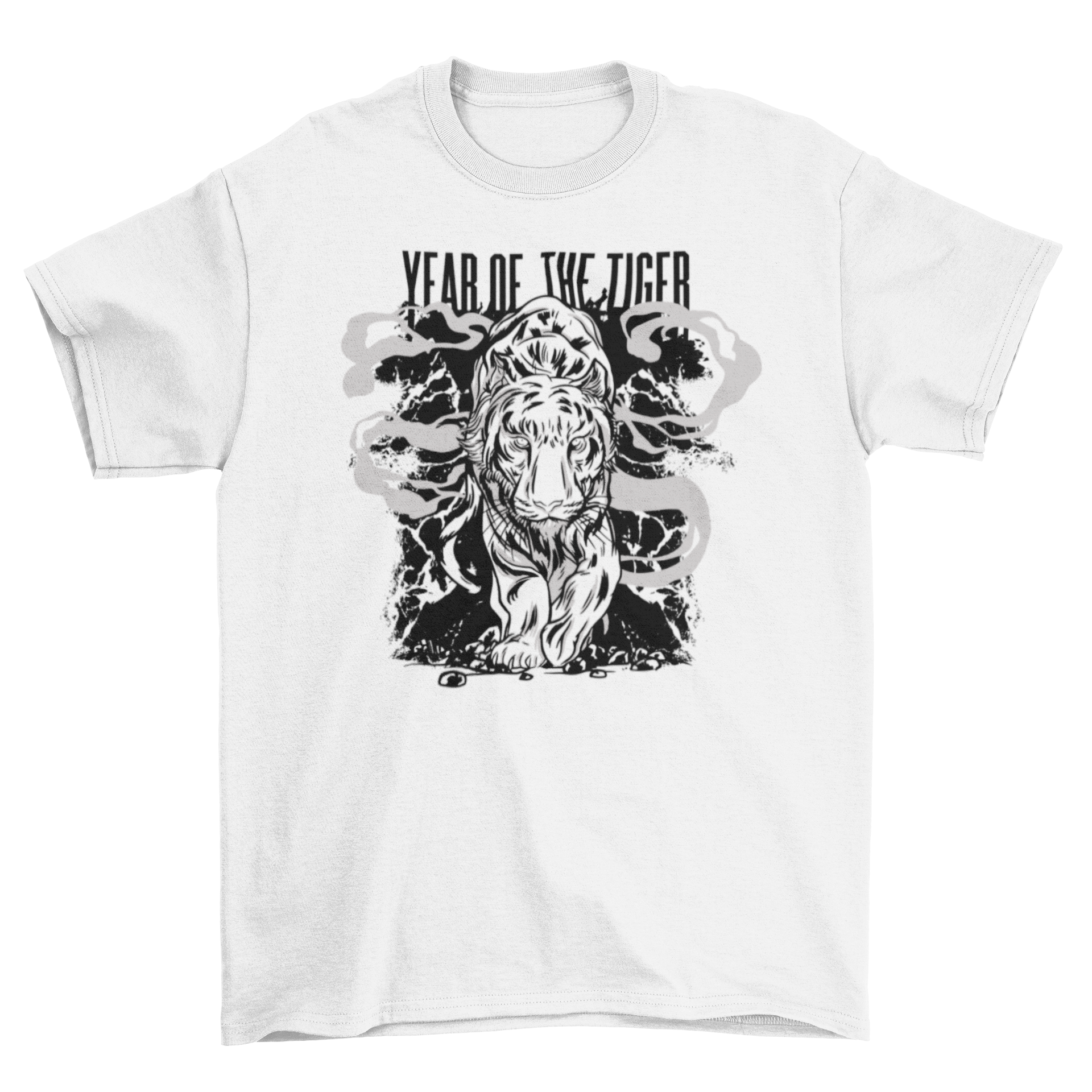 A stylish t-shirt featuring a vibrant tiger illustration and the quote 'Year of the Tiger', perfect for Chinese New Year celebrations.