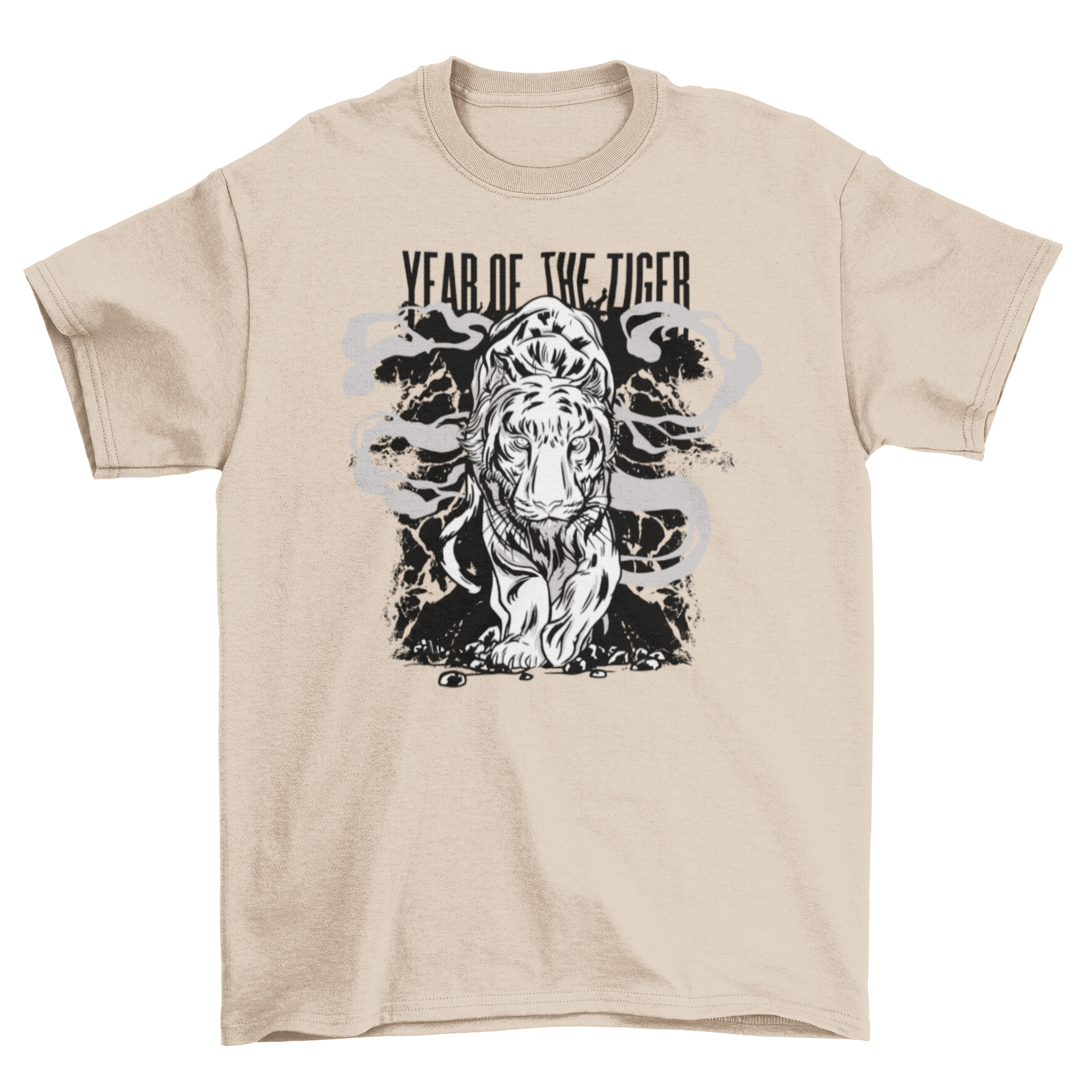 A stylish t-shirt featuring a vibrant tiger illustration and the quote 'Year of the Tiger', perfect for Chinese New Year celebrations.