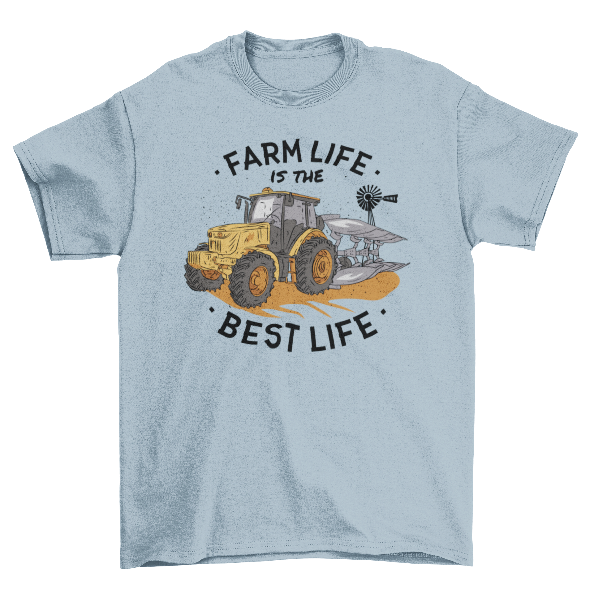 A vibrant yellow t-shirt featuring a farm tractor graphic and the quote 'Farm life is the best life'.