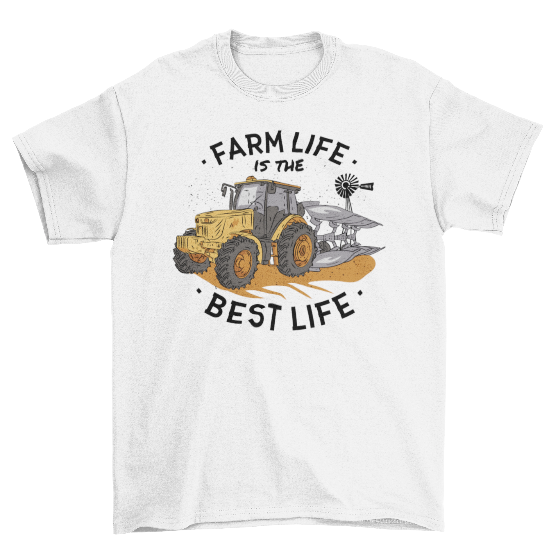 A vibrant yellow t-shirt featuring a farm tractor graphic and the quote 'Farm life is the best life'.