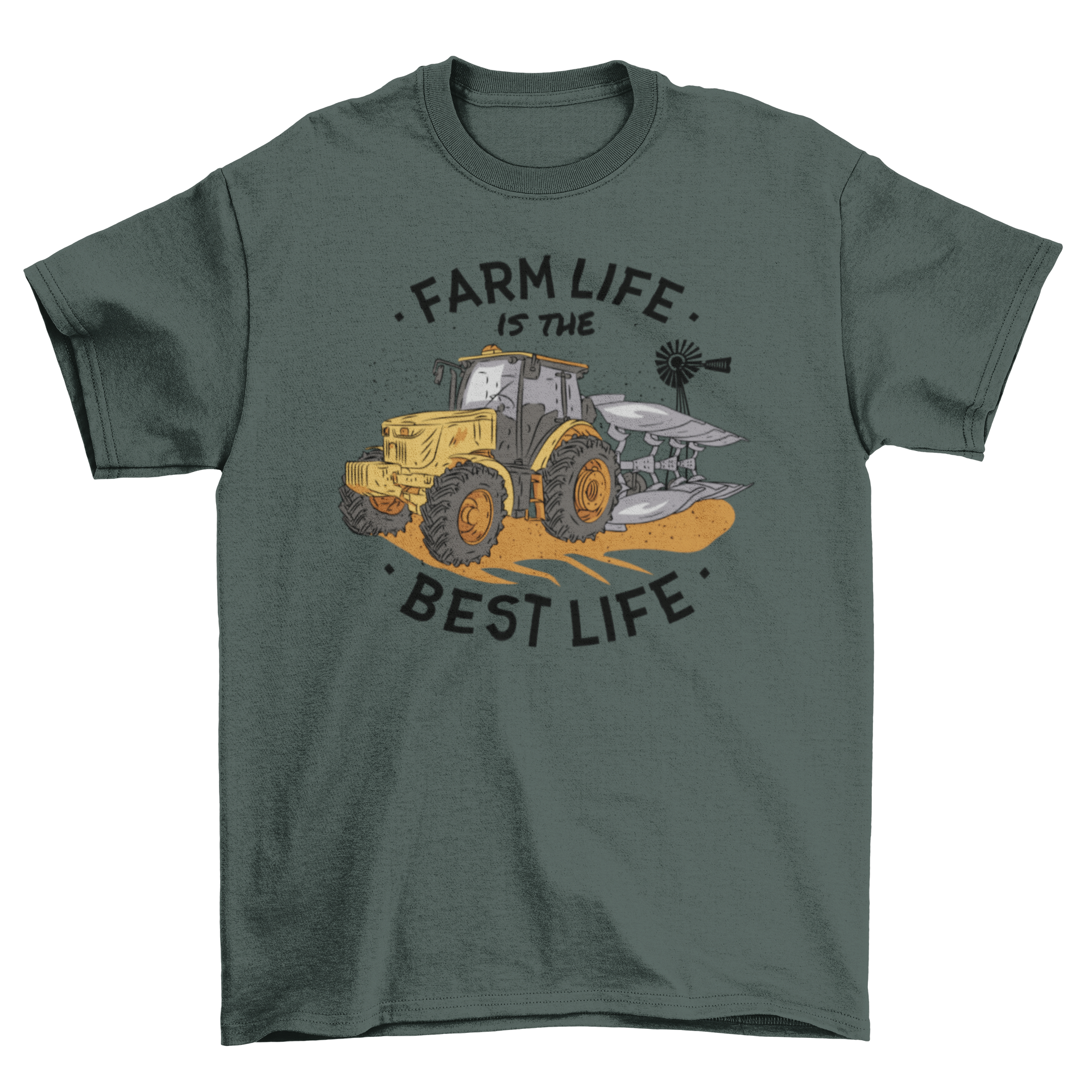 A vibrant yellow t-shirt featuring a farm tractor graphic and the quote 'Farm life is the best life'.