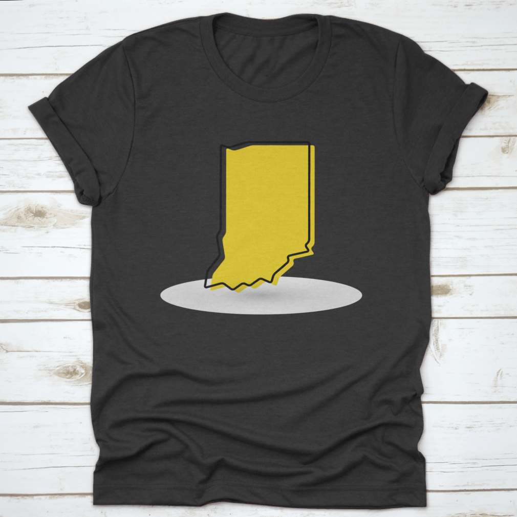 A stylish yellow outline map of Indiana printed on a comfortable cotton shirt, showcasing a unique design for Indiana enthusiasts.