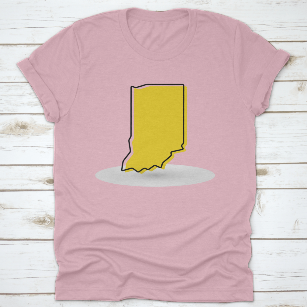 A stylish yellow outline map of Indiana printed on a comfortable cotton shirt, showcasing a unique design for Indiana enthusiasts.