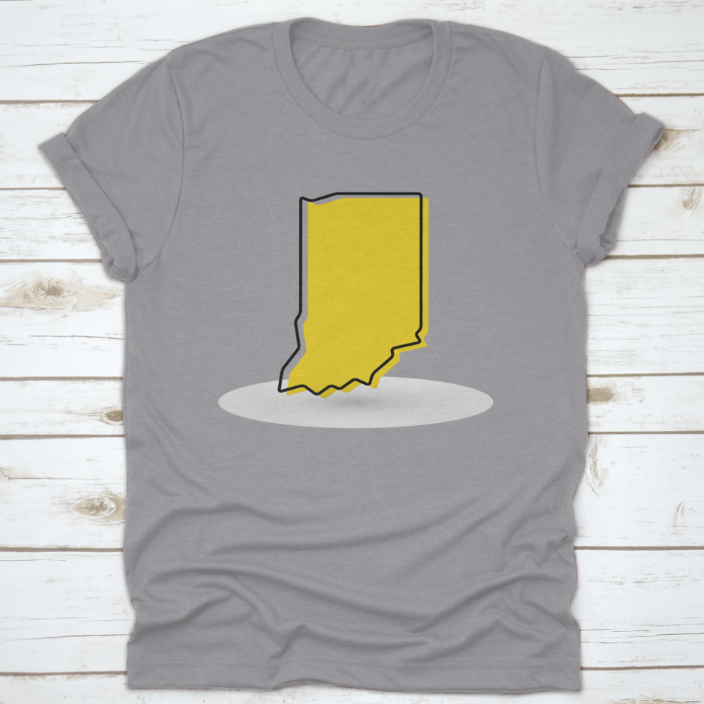 A stylish yellow outline map of Indiana printed on a comfortable cotton shirt, showcasing a unique design for Indiana enthusiasts.