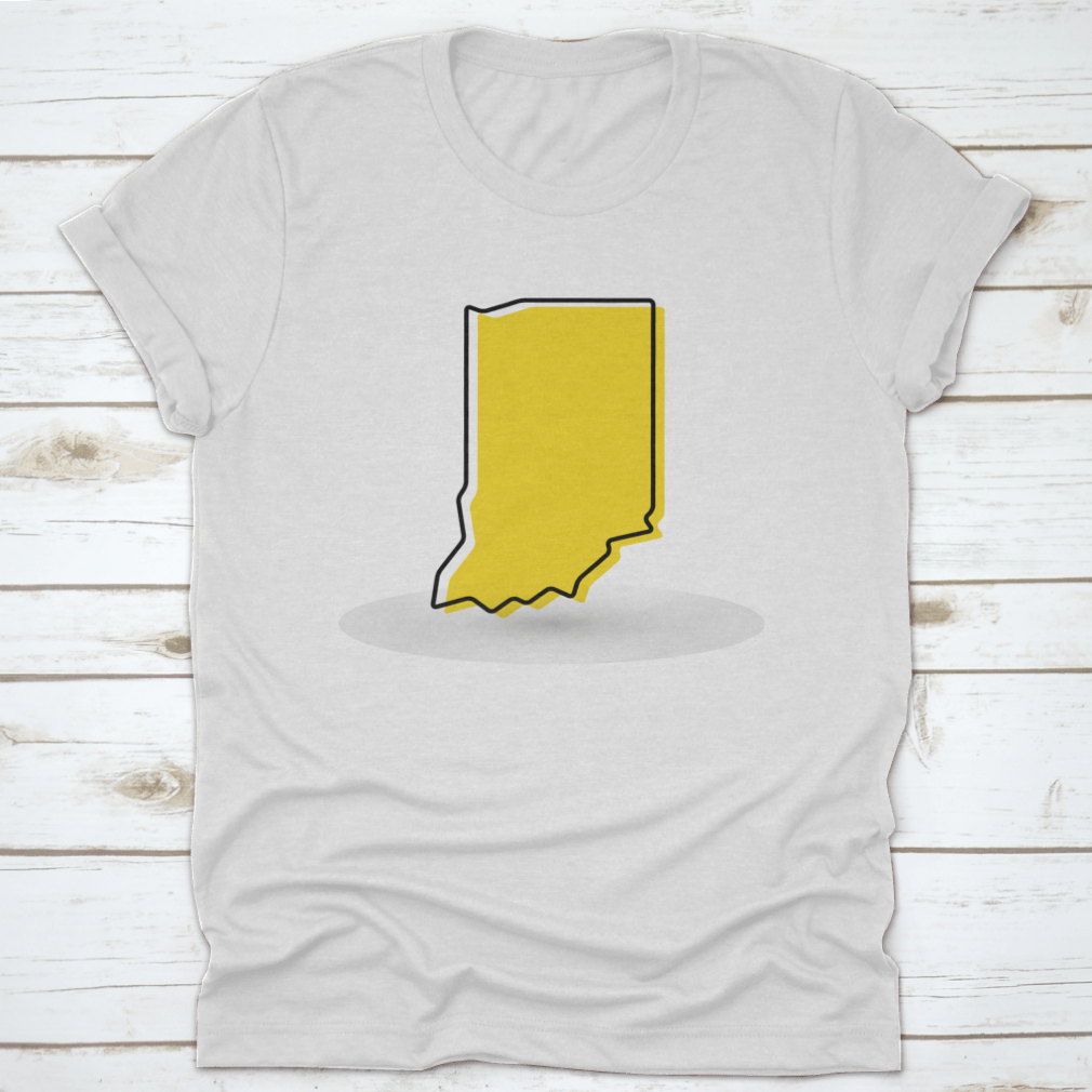 A stylish yellow outline map of Indiana printed on a comfortable cotton shirt, showcasing a unique design for Indiana enthusiasts.