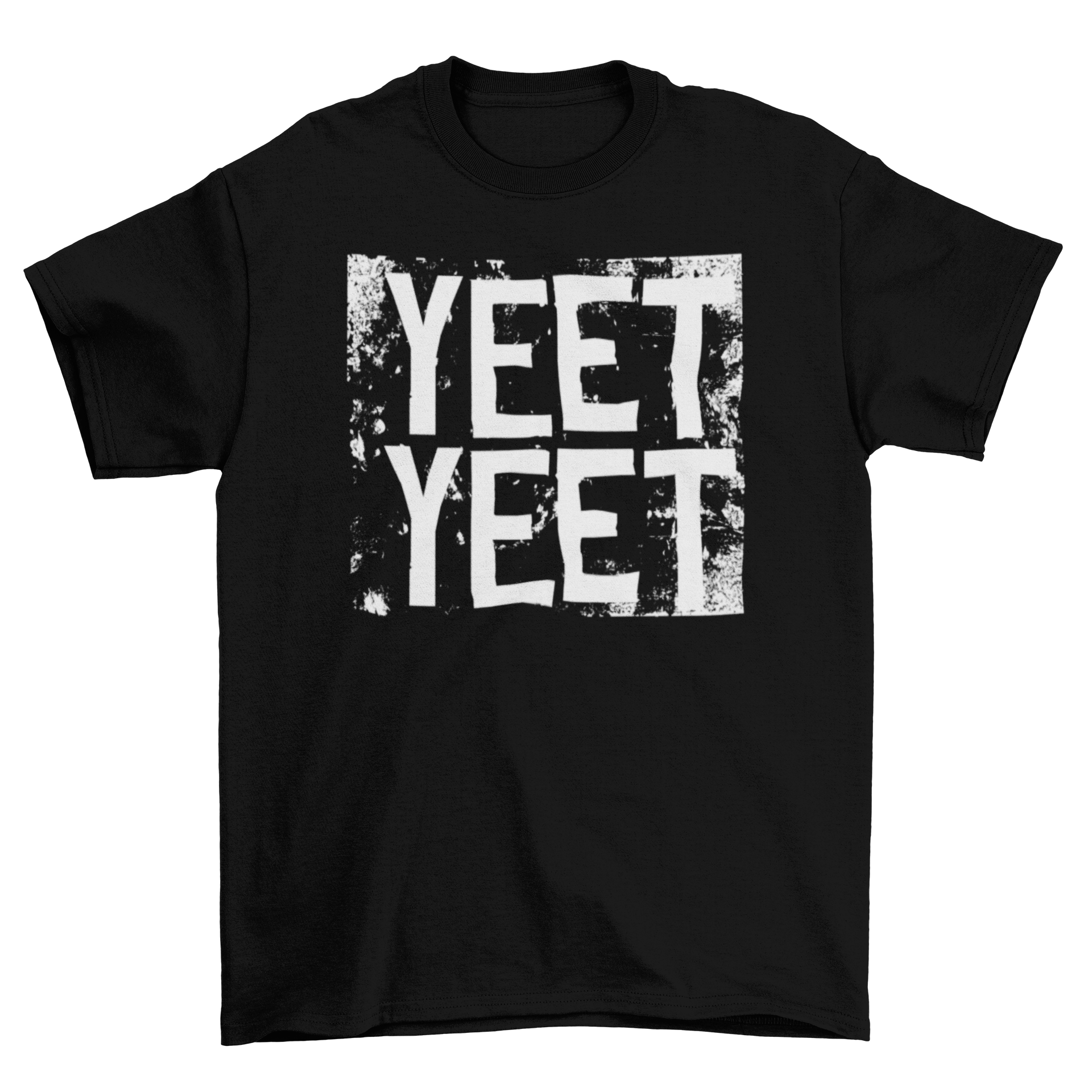 Yeet Yeet T-shirt featuring bold white lettering on a grunge background, perfect for casual wear.