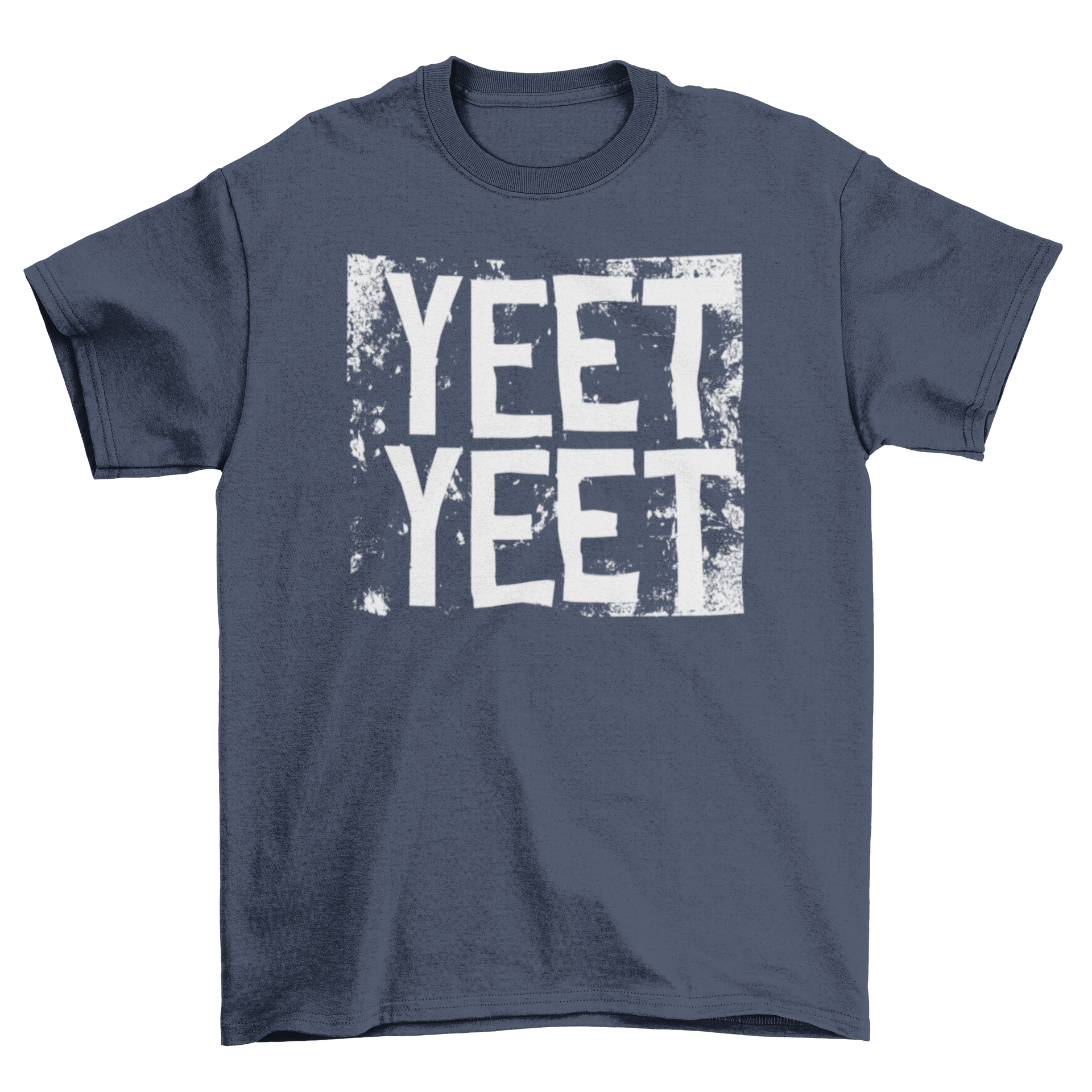 Yeet Yeet T-shirt featuring bold white lettering on a grunge background, perfect for casual wear.