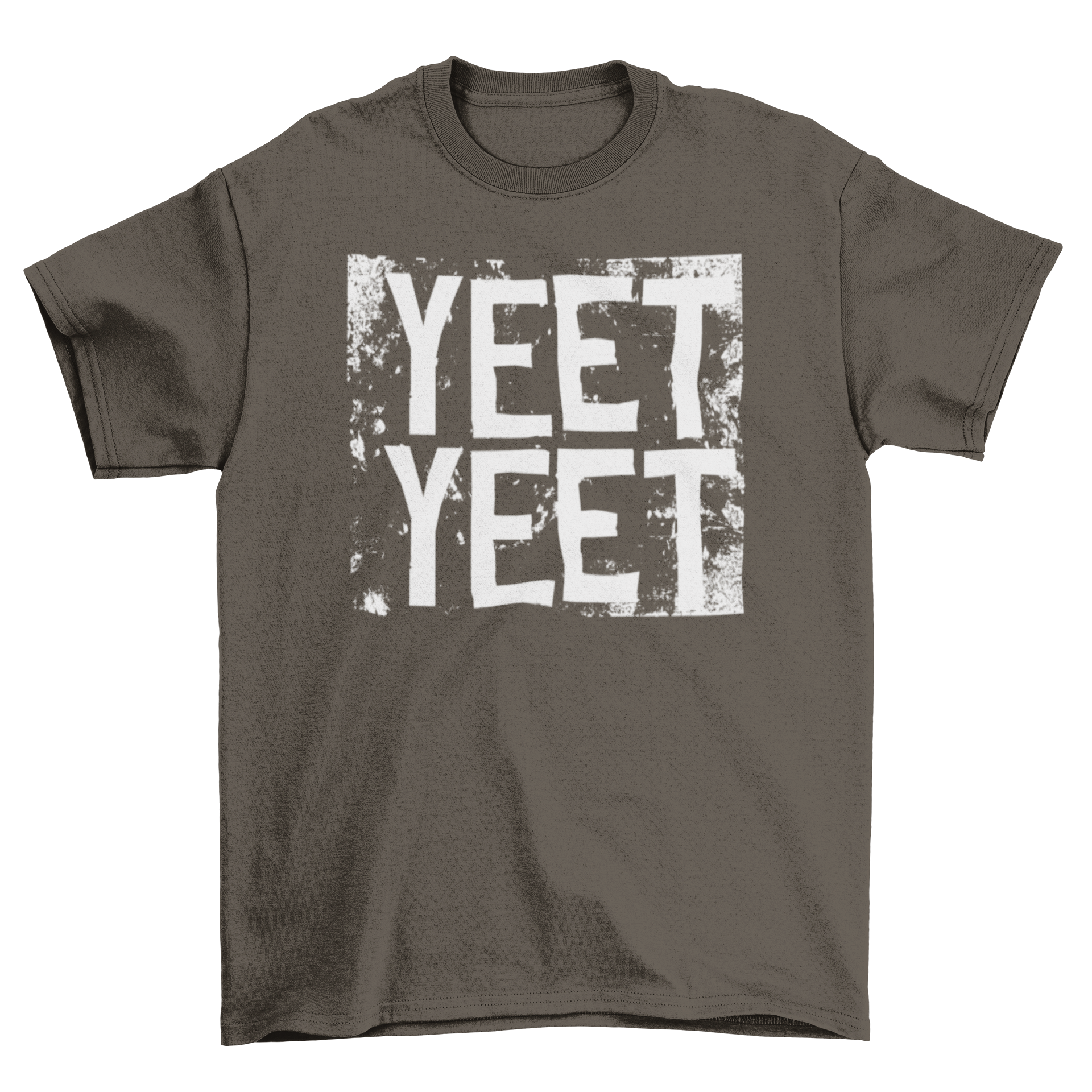 Yeet Yeet T-shirt featuring bold white lettering on a grunge background, perfect for casual wear.