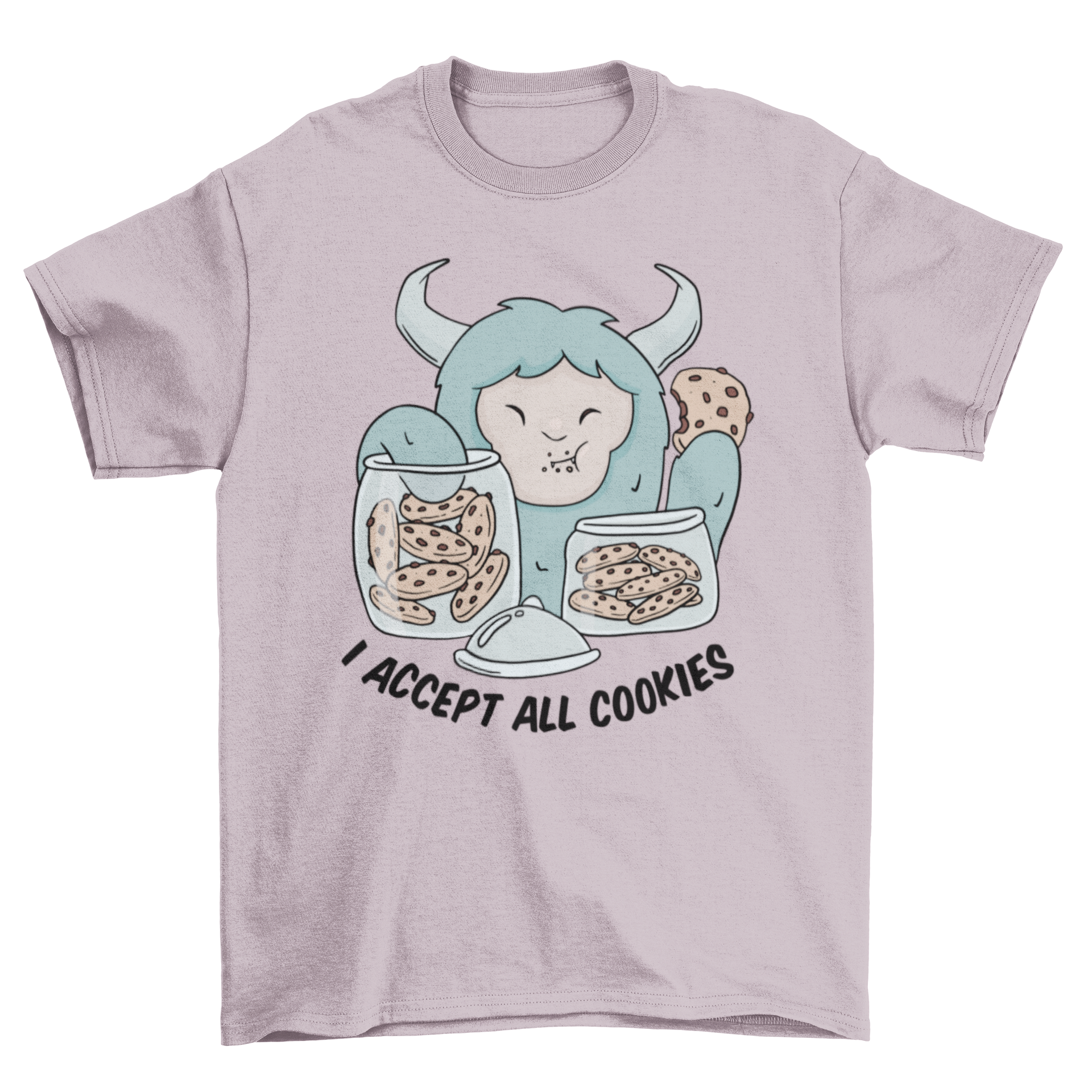 Cartoon-style Yeti monster happily eating cookies with a humorous quote.