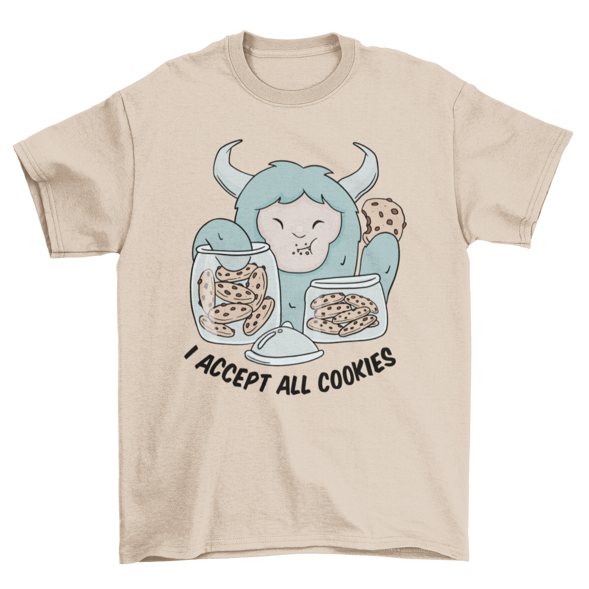 Cartoon-style Yeti monster happily eating cookies with a humorous quote.