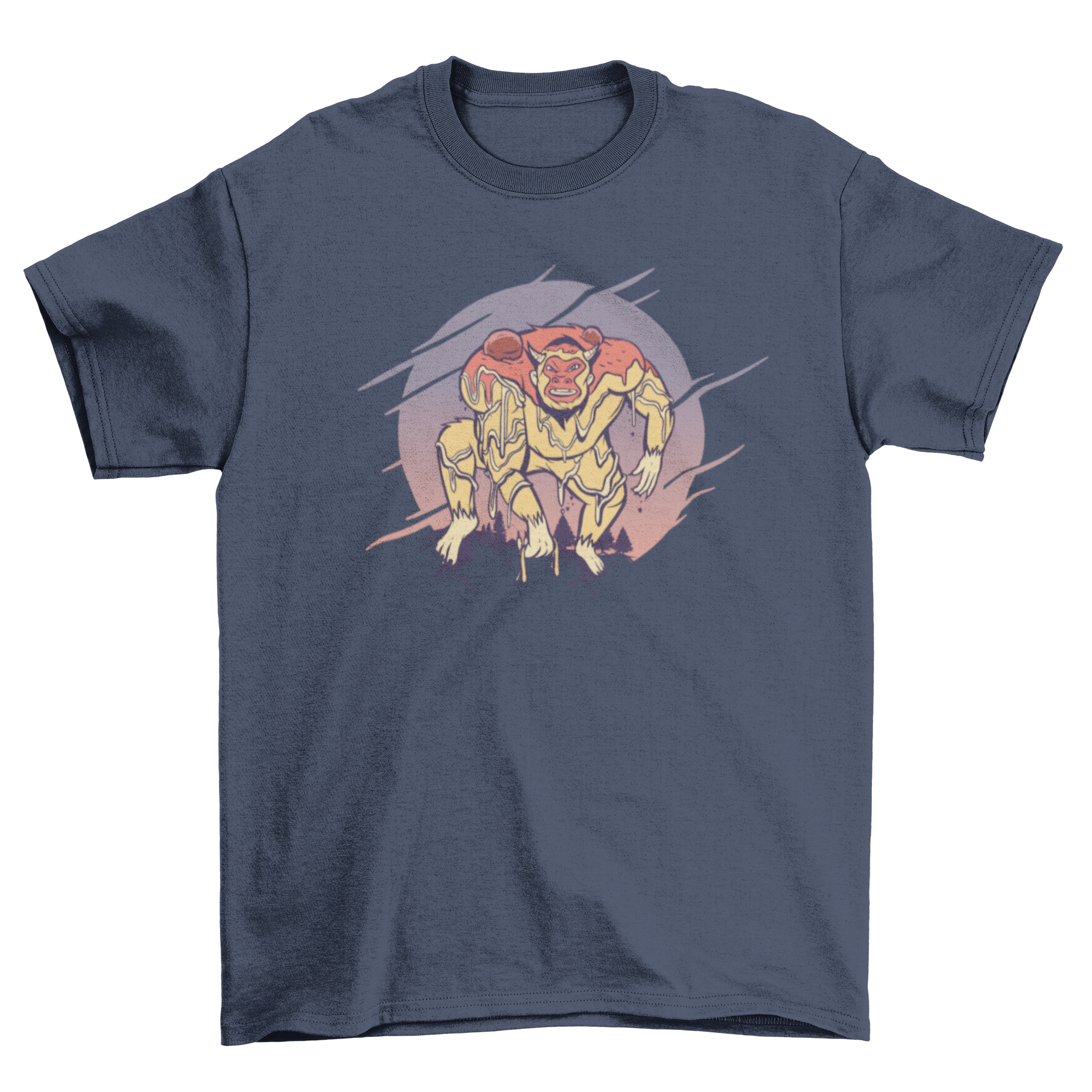 A fun Yeti t-shirt design featuring a Yeti playfully covered in spaghetti, showcasing a whimsical and humorous style.