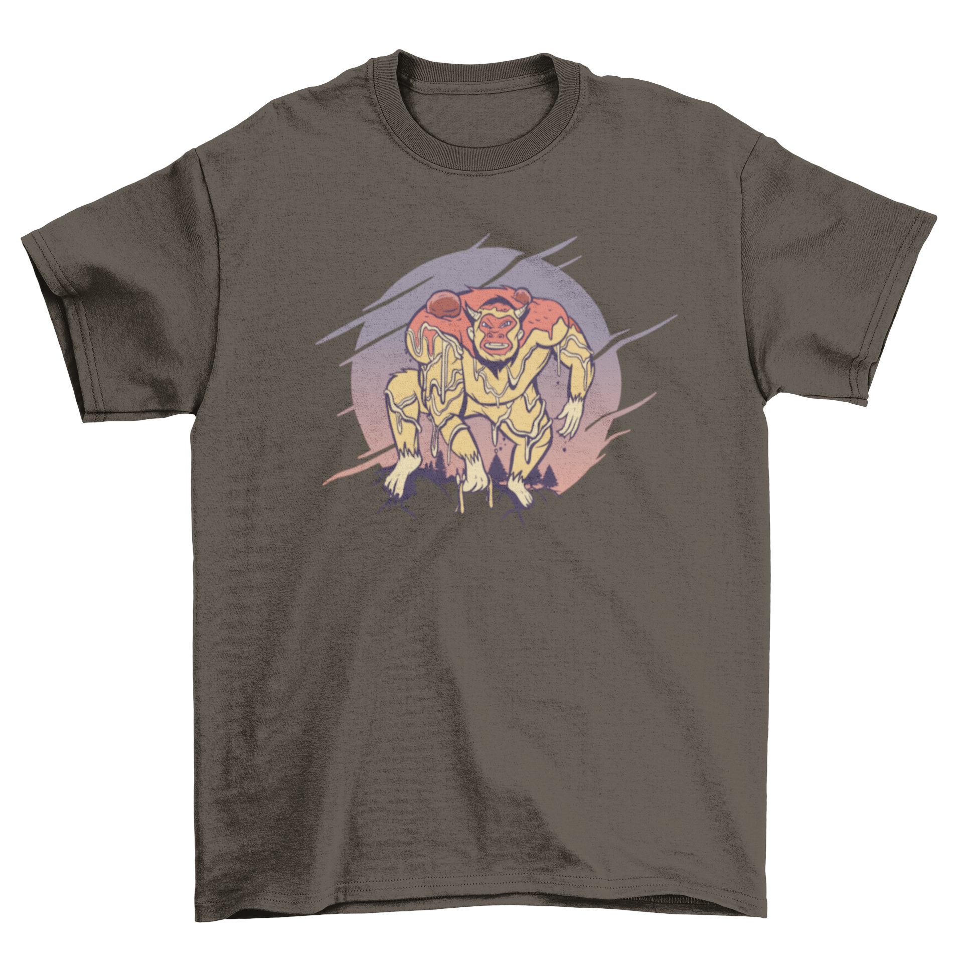 A fun Yeti t-shirt design featuring a Yeti playfully covered in spaghetti, showcasing a whimsical and humorous style.