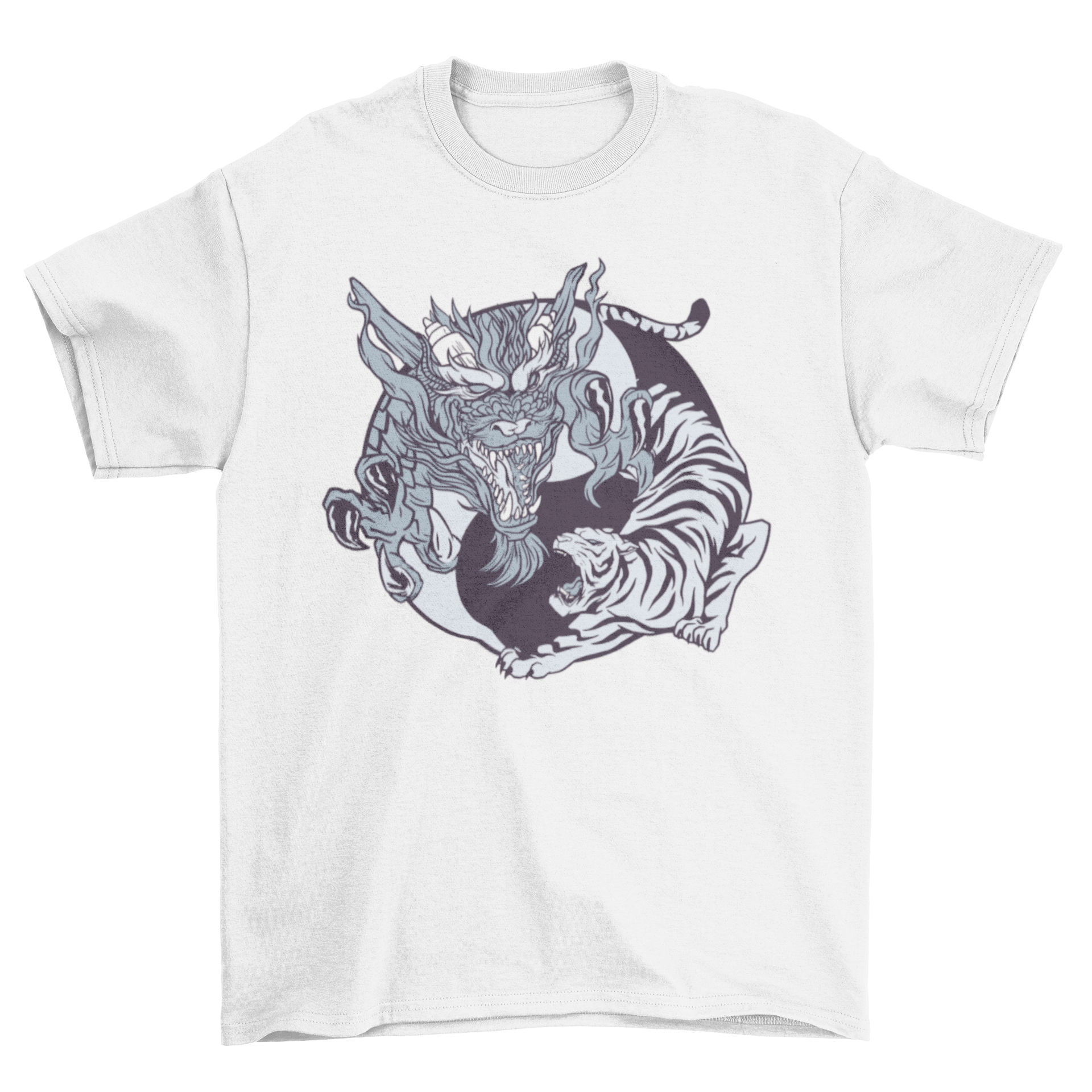 Yin Yang animals t-shirt featuring a dragon and tiger design, symbolizing balance and harmony.