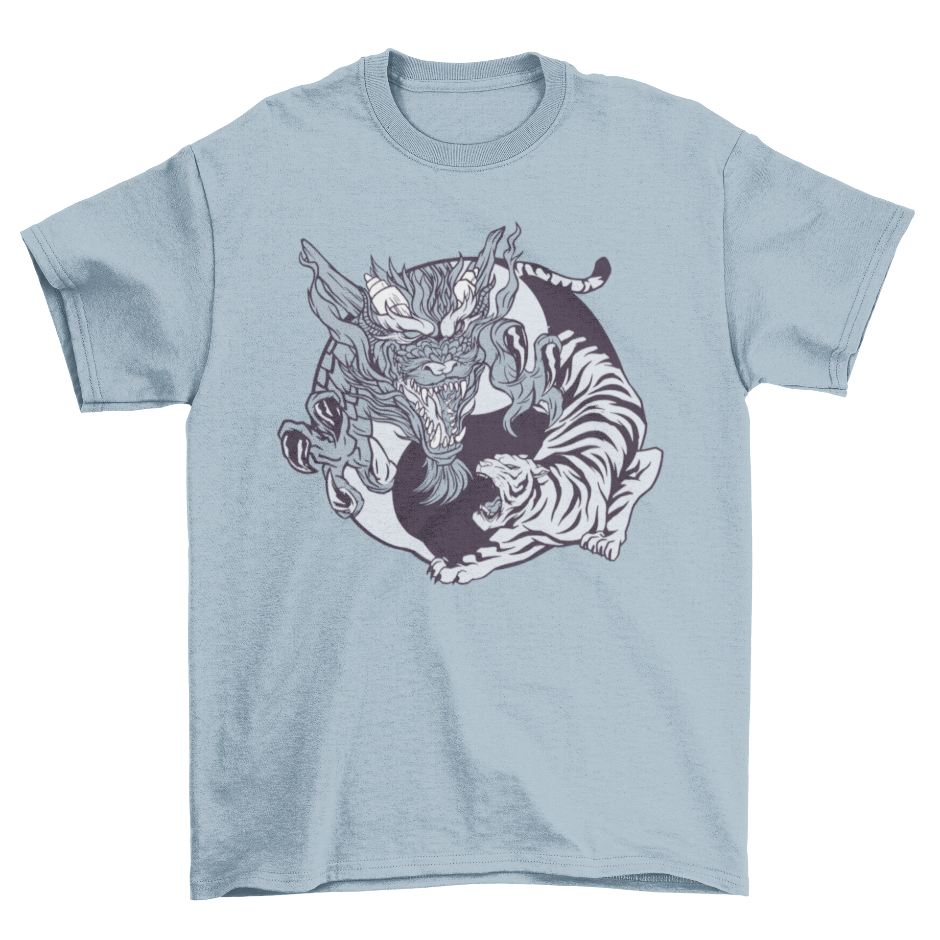 Yin Yang animals t-shirt featuring a dragon and tiger design, symbolizing balance and harmony.