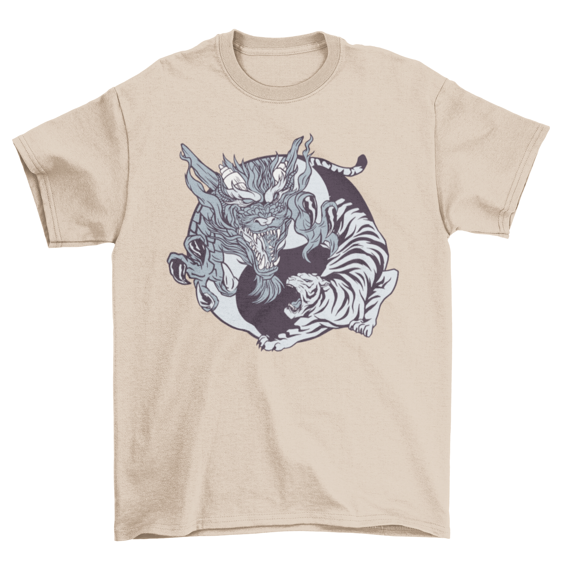 Yin Yang animals t-shirt featuring a dragon and tiger design, symbolizing balance and harmony.