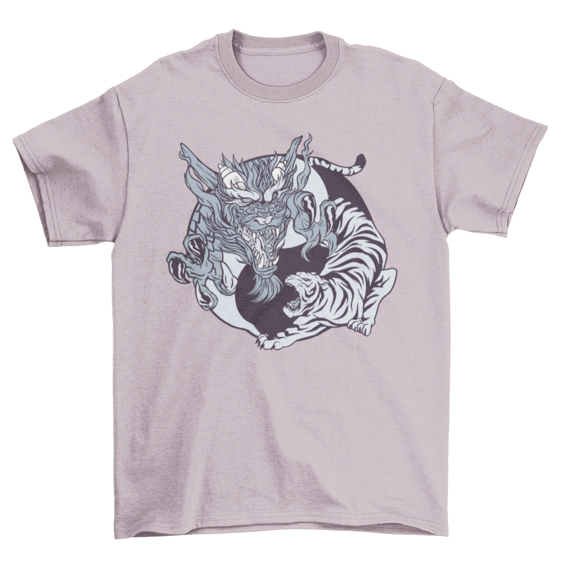 Yin Yang animals t-shirt featuring a dragon and tiger design, symbolizing balance and harmony.