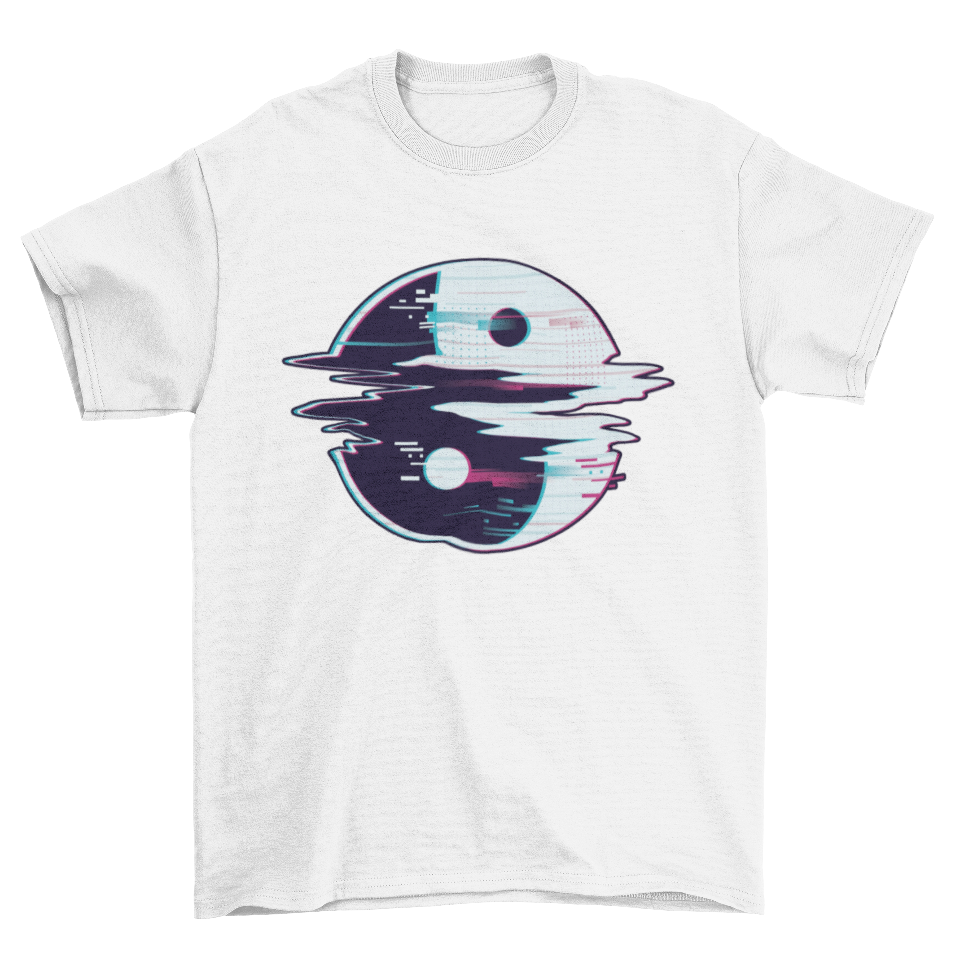 Yin Yang Glitch T-Shirt featuring a distorted Yin Yang symbol in a modern design.