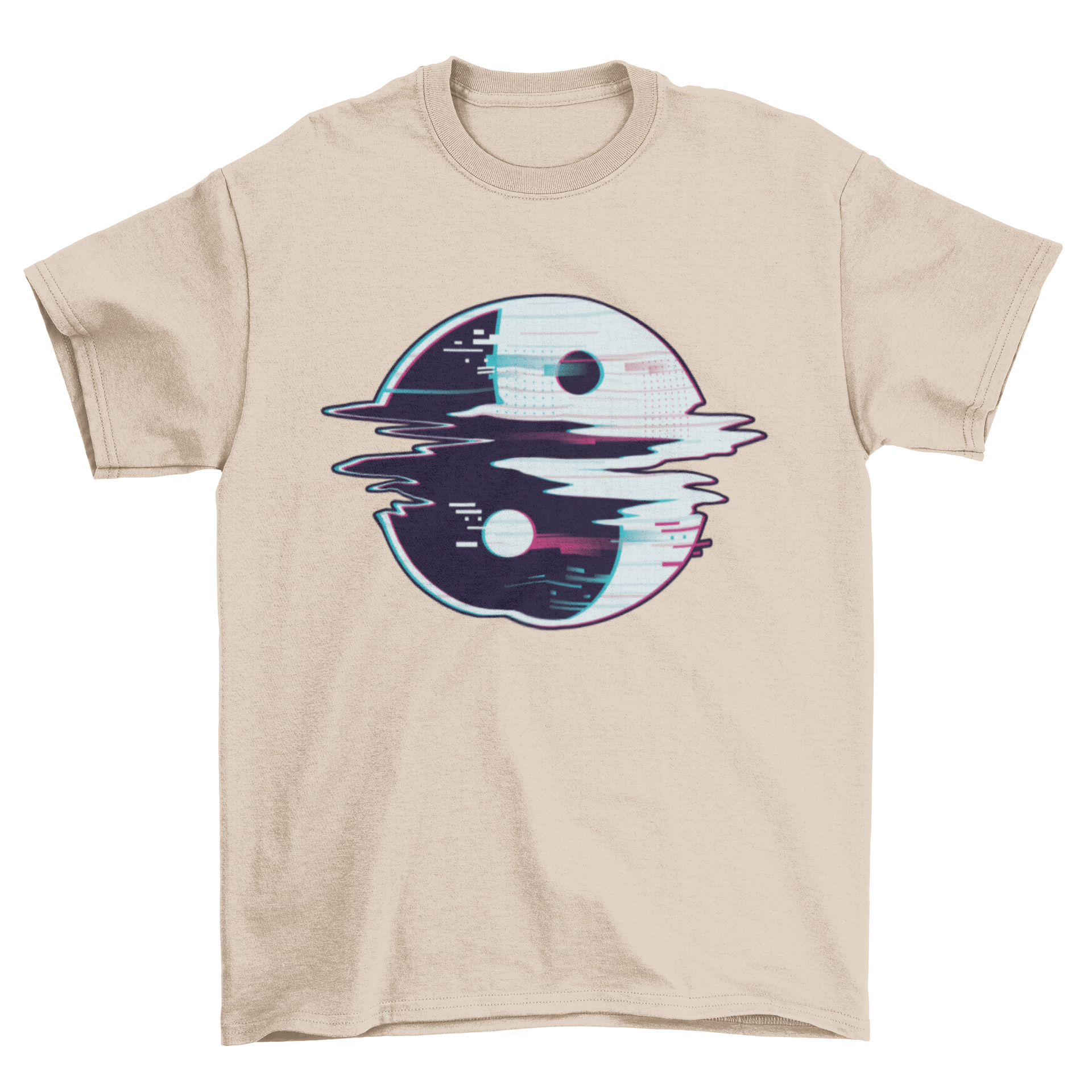 Yin Yang Glitch T-Shirt featuring a distorted Yin Yang symbol in a modern design.