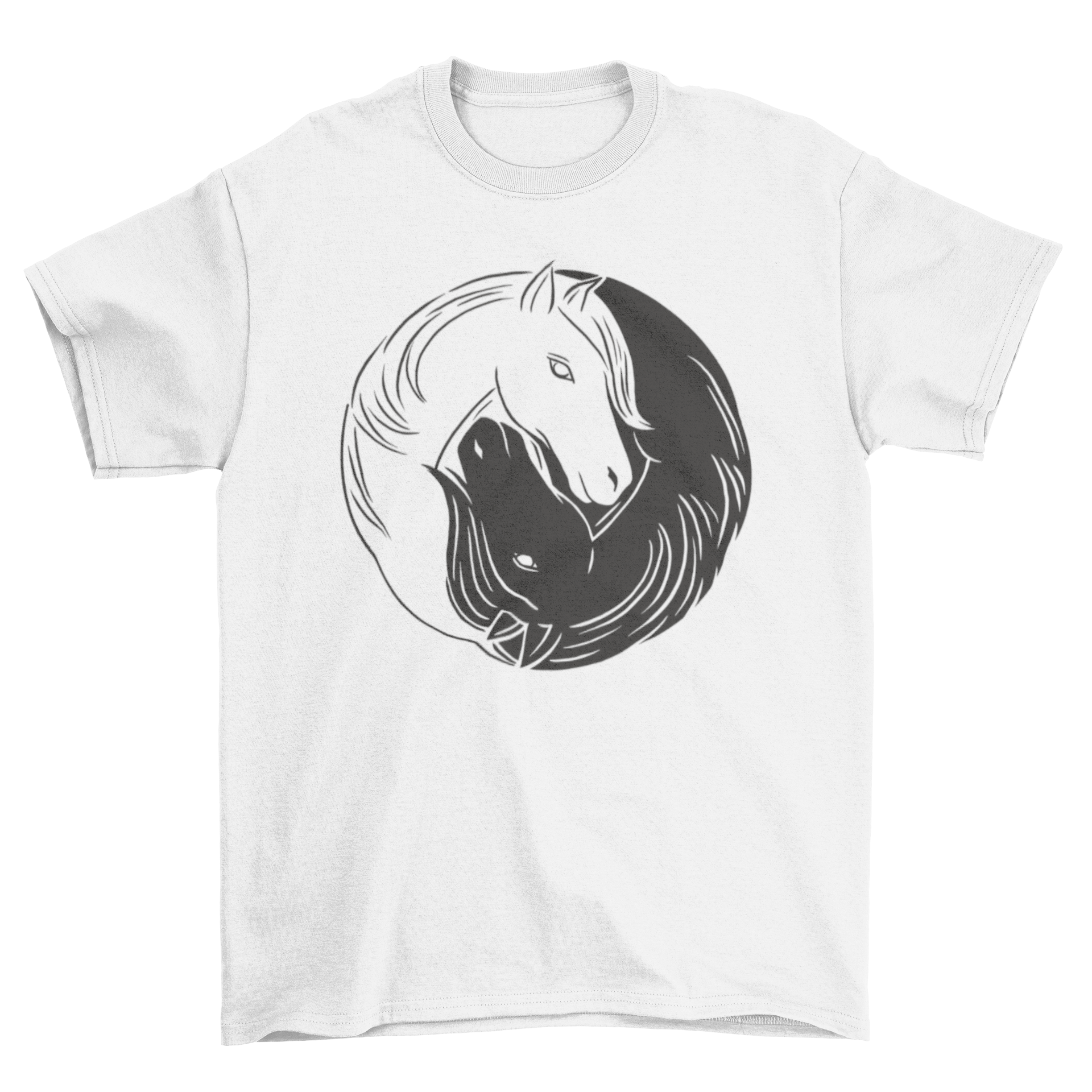 Yin Yang Horses T-Shirt featuring a unique design with horses and the yin yang symbol, perfect for horse lovers.