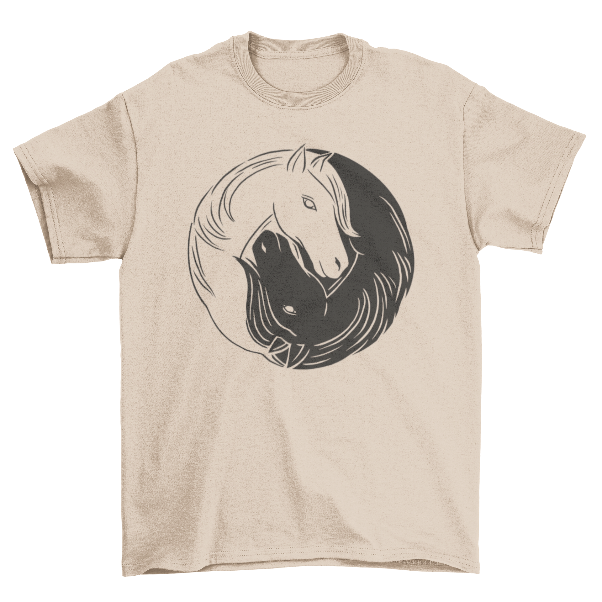 Yin Yang Horses T-Shirt featuring a unique design with horses and the yin yang symbol, perfect for horse lovers.