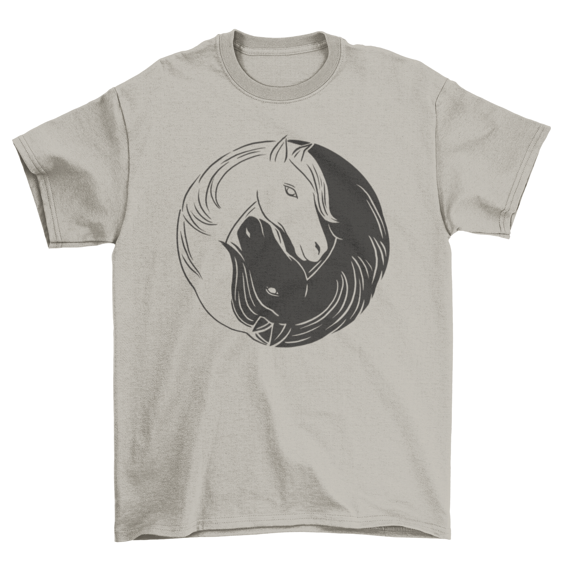 Yin Yang Horses T-Shirt featuring a unique design with horses and the yin yang symbol, perfect for horse lovers.