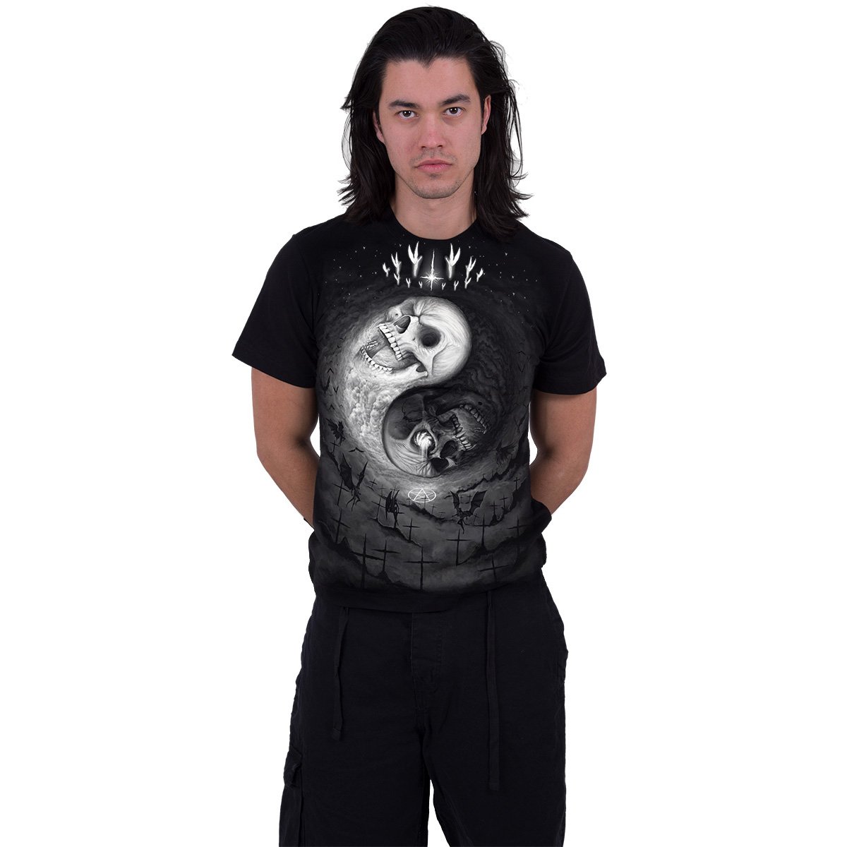 Black YIN YANG SKULLS T-Shirt featuring a unique design of skulls intertwined with the Yin Yang symbol.