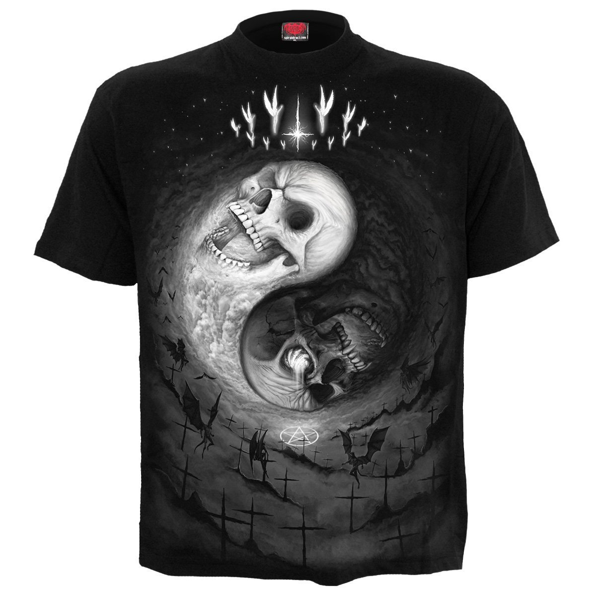 Black YIN YANG SKULLS T-Shirt featuring a unique design of skulls intertwined with the Yin Yang symbol.