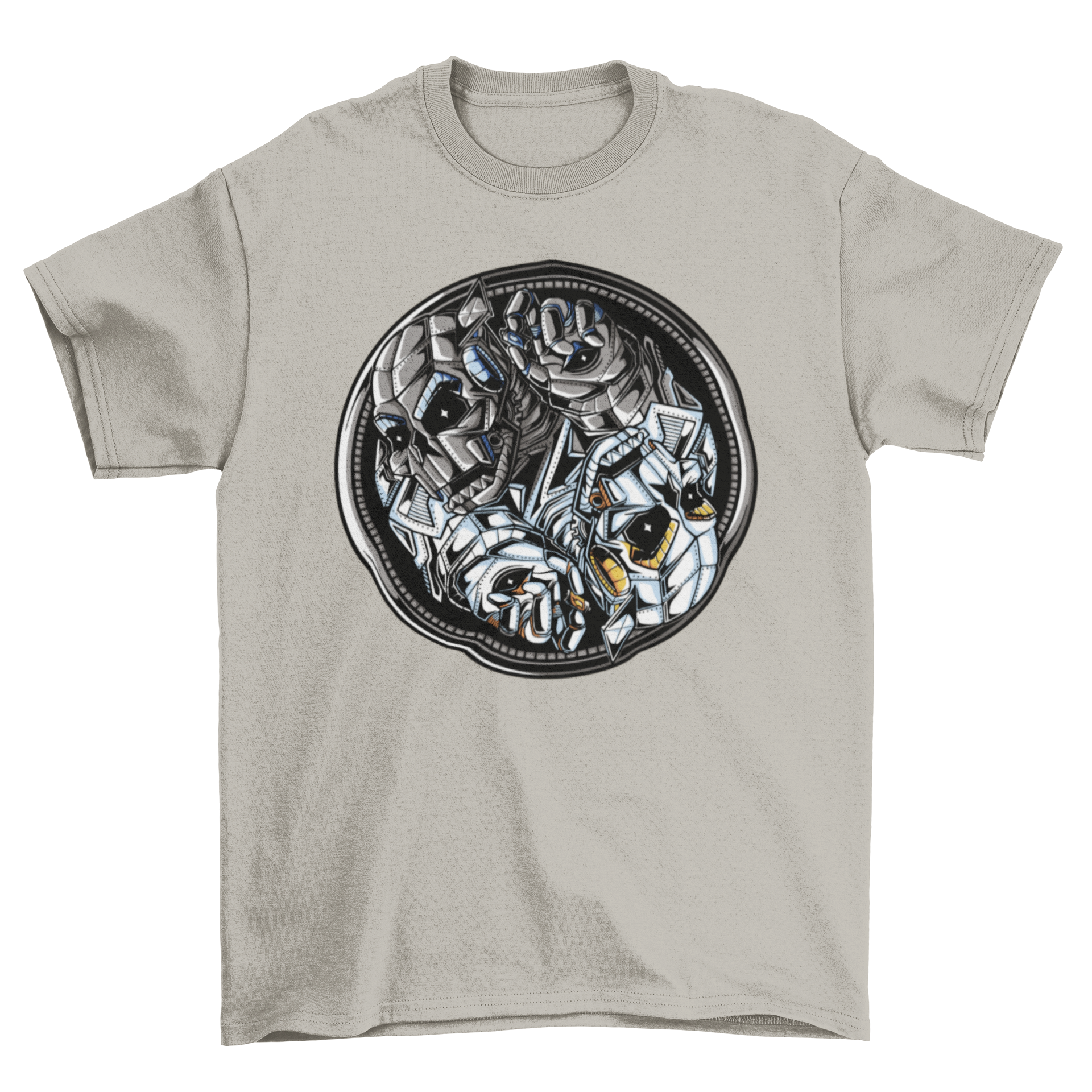 Ying Yang Robots T-shirt featuring a unique design of robots forming the Ying Yang symbol, showcasing a blend of technology and philosophy.