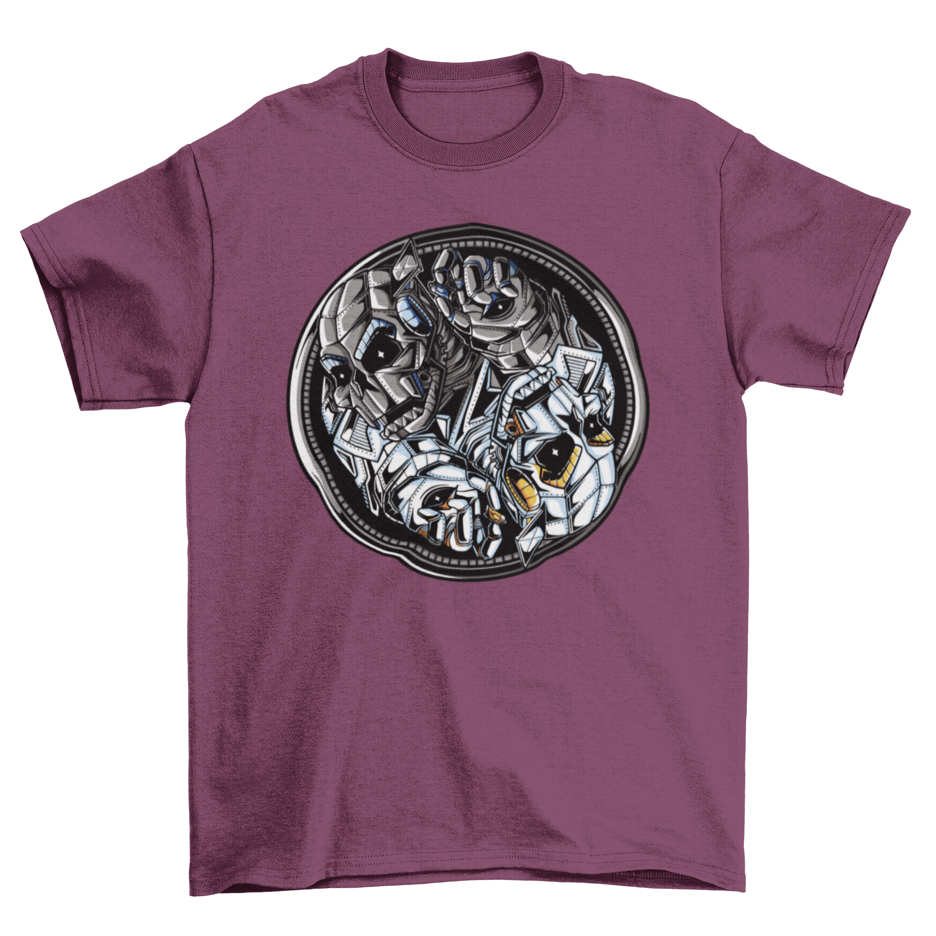 Ying Yang Robots T-shirt featuring a unique design of robots forming the Ying Yang symbol, showcasing a blend of technology and philosophy.