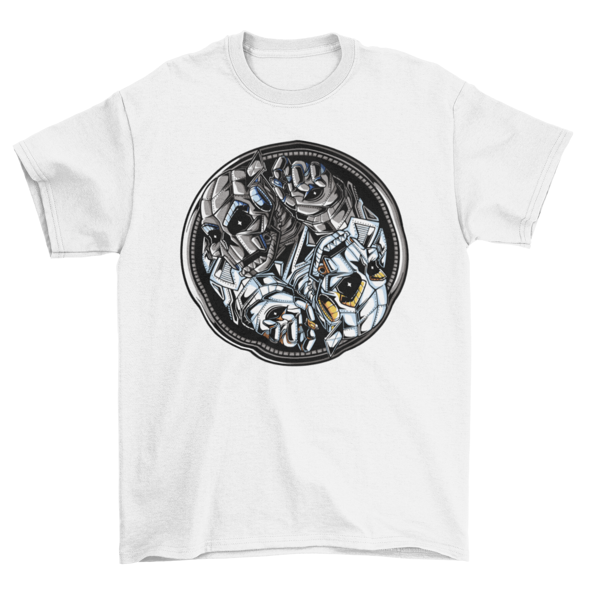 Ying Yang Robots T-shirt featuring a unique design of robots forming the Ying Yang symbol, showcasing a blend of technology and philosophy.