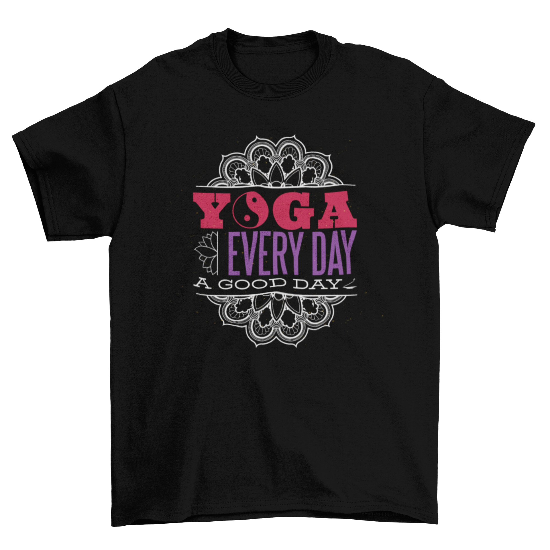 Yoga Everyday T-shirt featuring a motivational caption and intricate mandala design.