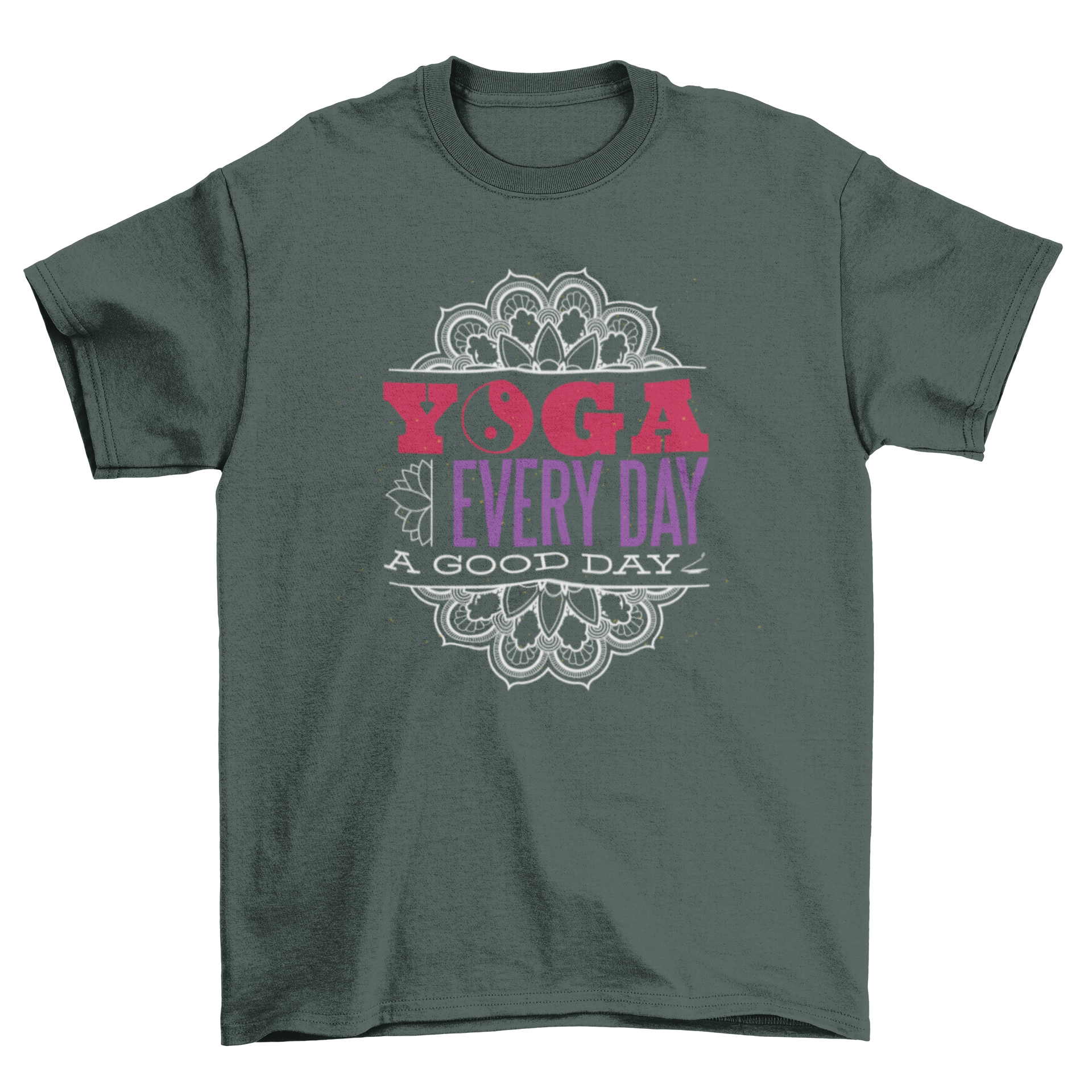 Yoga Everyday T-shirt featuring a motivational caption and intricate mandala design.