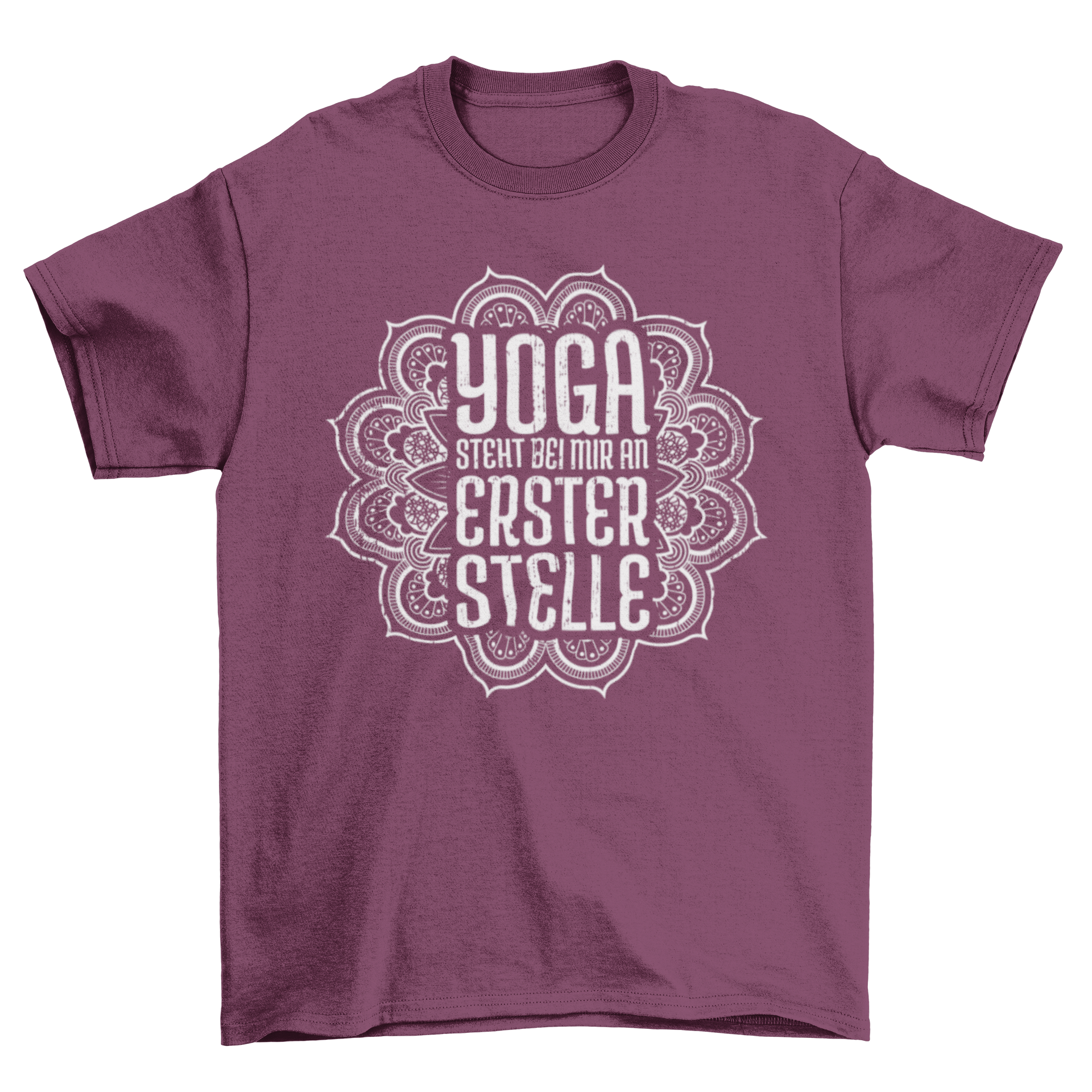 A stylish t-shirt featuring the German quote 'Yoga is my top priority' in an elegant font, perfect for yoga enthusiasts.